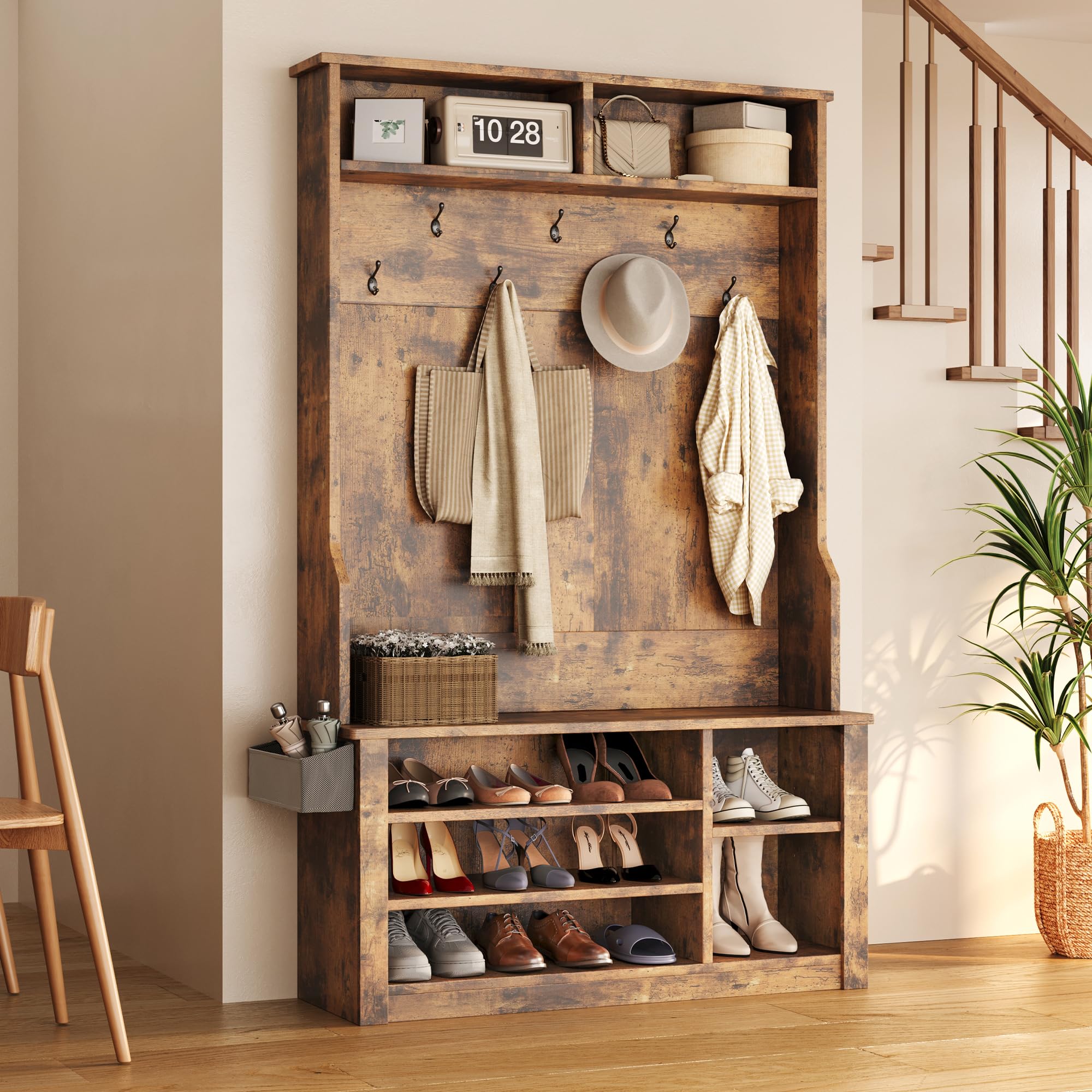 Aiho 3-in-1 Entryway Hall Tree with Bench, Coat Rack & Adjustable Shoe Storage | 2-Tier Top Shelf | Rustic Brown | Perfect for Hallway, Foyer, Bedroom & Small Space Organization