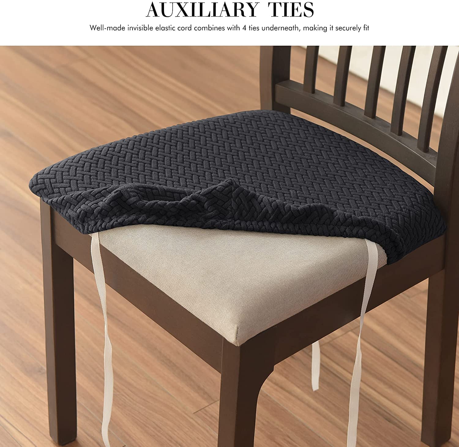 Stretchable Dining Chair Slipcover - Soft Washable Seat Cushion Cover with Geometric Jacquard Pattern & Elastic Ties - Perfect for Dining Room, Kitchen, Office & Home Decor