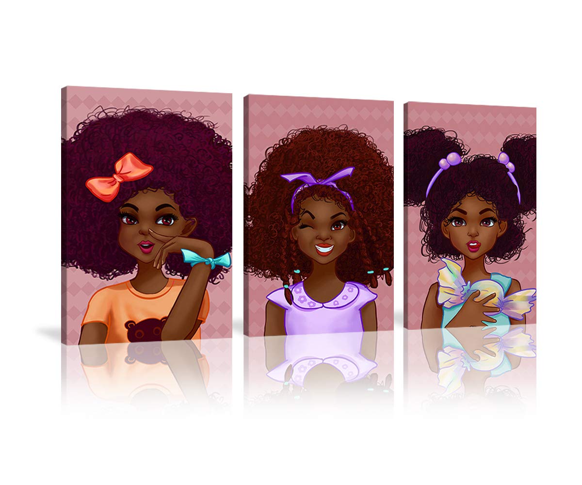 African American Girl Wall Art - 3 Panels Black Curly Hair Painting Print, Framed Ready to Hang Wall Decor for Bedroom, Living Room & Office - Perfect Hippie Style Gift for Women & Girls