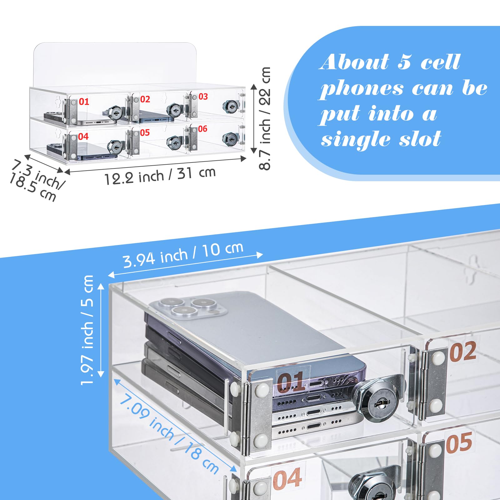 Clear Acrylic Wall Mounted Cell Phone Storage Box with Door Locks & Keys - 6 Slots Organizer for Office, School, Classroom, Factory | Secure Employee & Student Phone Storage Solution
