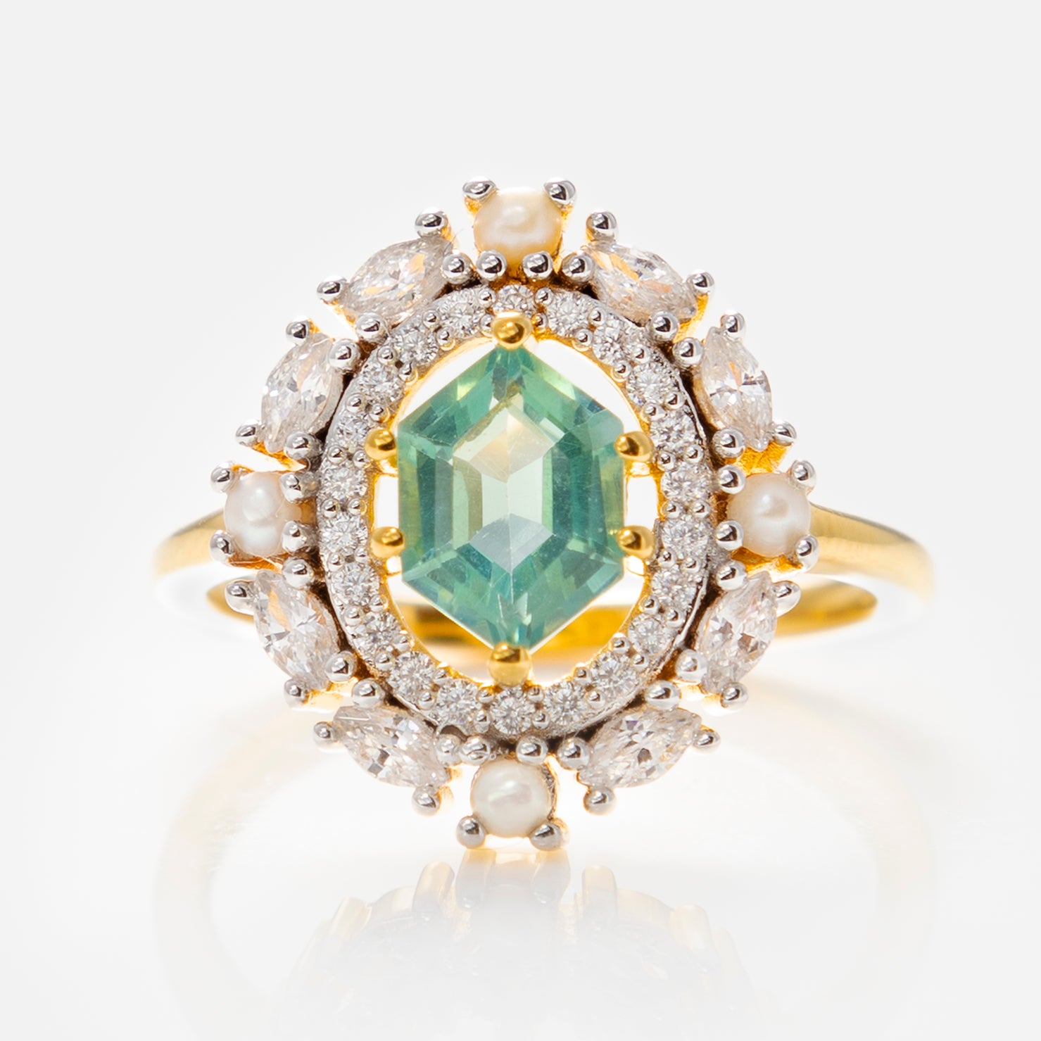 Fern Green Topaz Statement Ring with Pearl Halo - Elegant Jewelry for Women, Wedding, Party & Special Occasions