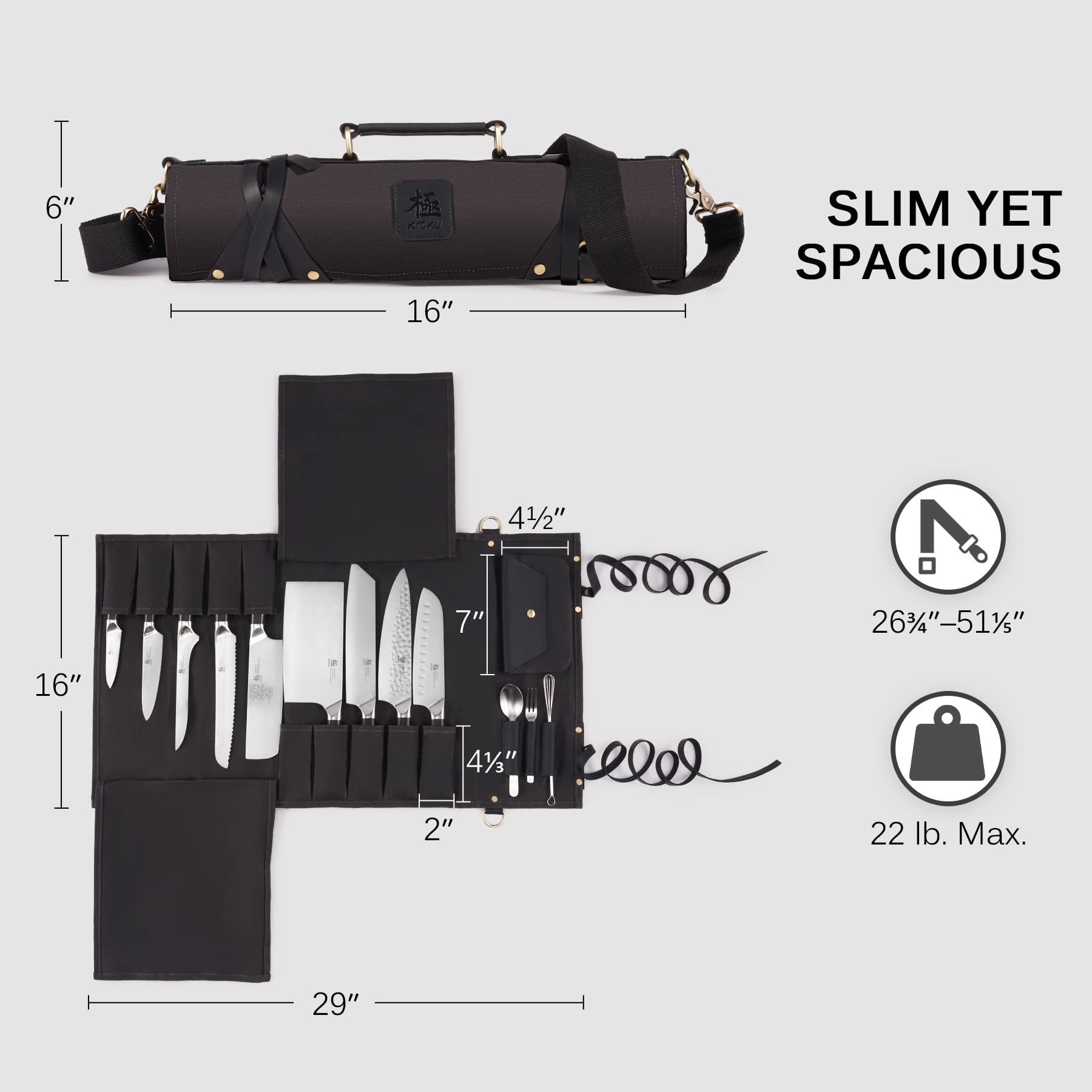 Premium KYOKU Chef Knife Roll Bag - 10-Slot Professional Knife & Utensil Holder with 3 Cutlery Pockets | Durable Oiled Leather & Waxed Canvas Travel Case with Adjustable Strap (Black) | Ideal for Chefs, Culinary Students & Professional Kitchens