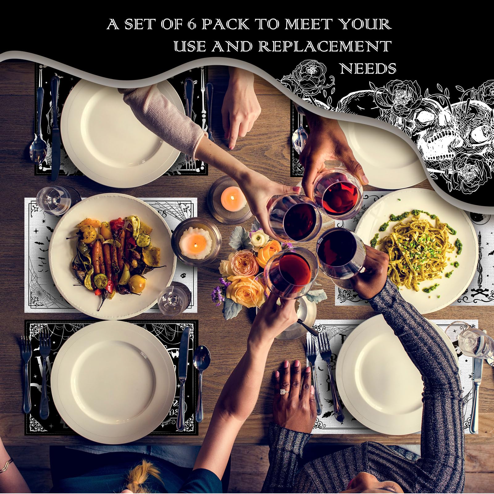 Umigy 6-Pack Gothic Bat Halloween Placemats 12x18 Inches - Washable Skull & Witch Themed Table Mats for Spooky Dining Decor, Kitchen & Party Accessories (Black & White Character Design) - Perfect for Halloween Parties, Themed Dinners & Gothic Home Decor