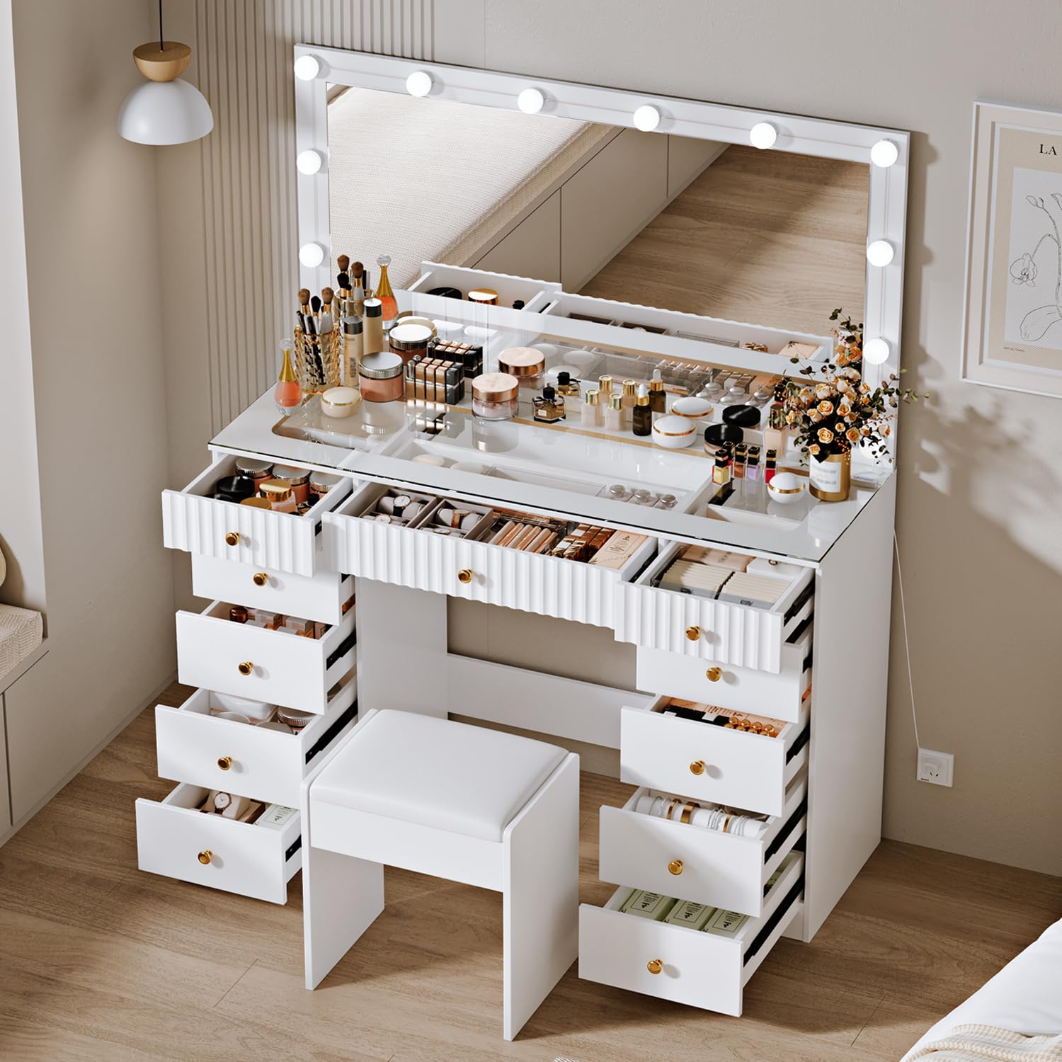 Modern White Large Vanity Desk with Chair - 11-Drawer High Capacity Makeup Dressing Table with Glass Top for Bedroom, Makeup Room | Perfect for Beauty Routine, Dressing Area & Home Decor