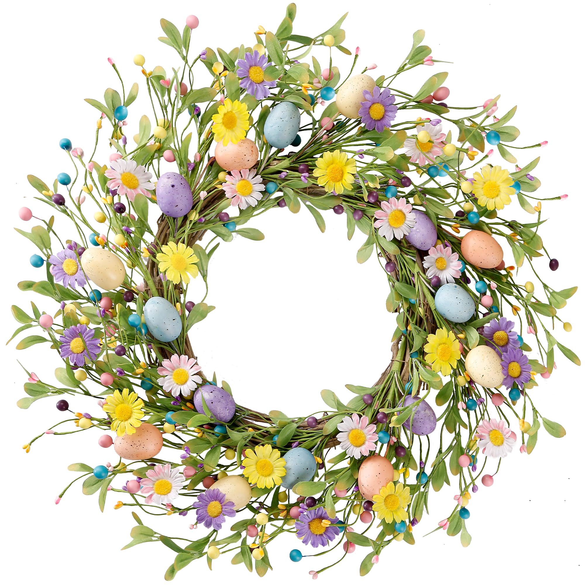 20 Inch Easter Spring Wreath - Colorful Artificial Flower Wreath with Eggs, Daisies, Berries & Eucalyptus Leaves - Farmhouse Door Decor for Easter, Summer Holidays - Perfect for Front Door, Wall & Window Decoration