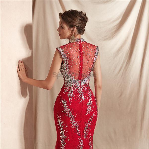 Elegant High Neck Red Beaded Mermaid Prom Dress for Evening Party & Formal Events - Perfect for Prom, Homecoming, and Special Occasions