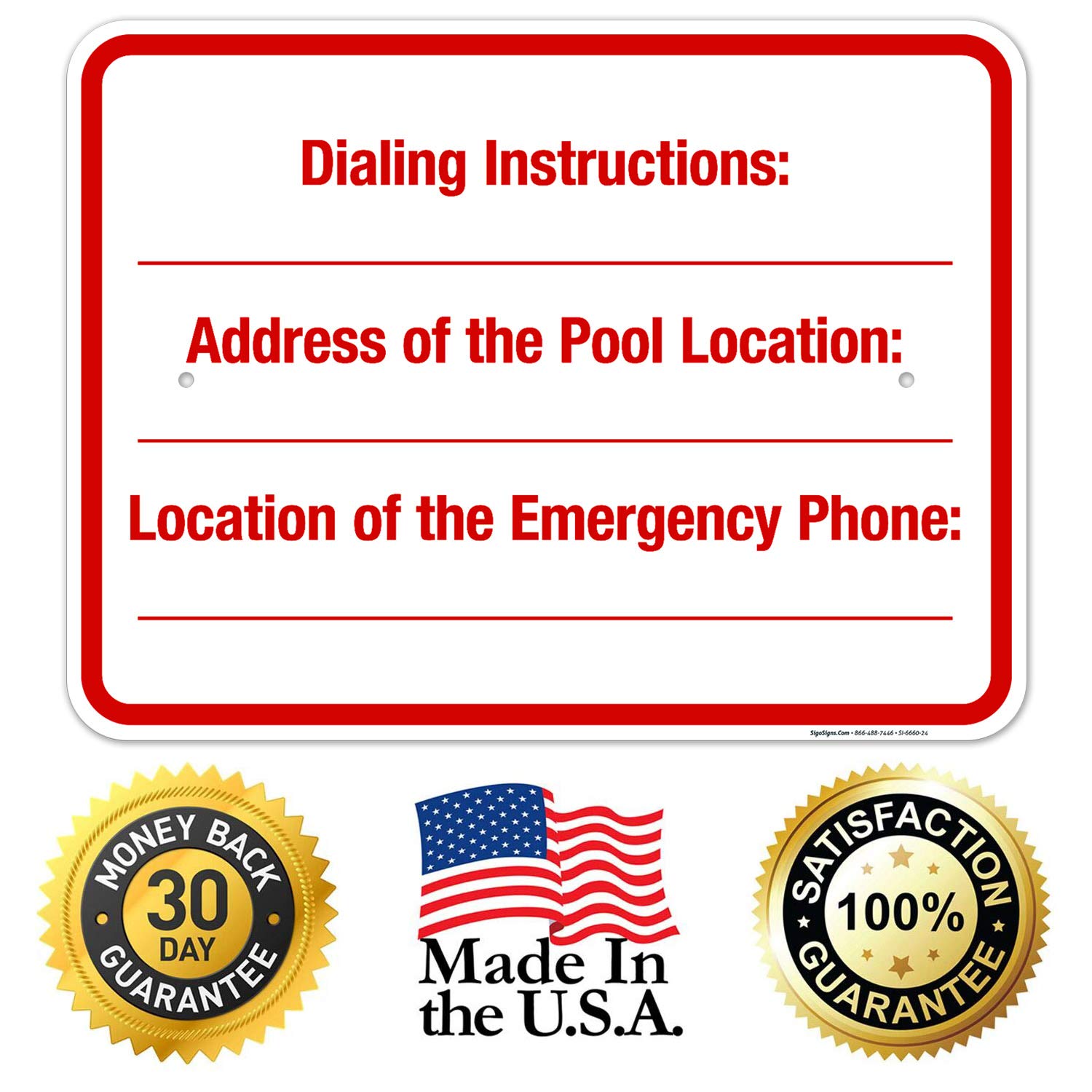 18x24 Inches Pool Location Sign by Sigo Signs - 55 mil Thick HDPS, Durable Dialing Instructions Address Sign for Swimming Pools, Resorts & Community Centers, Made in USA