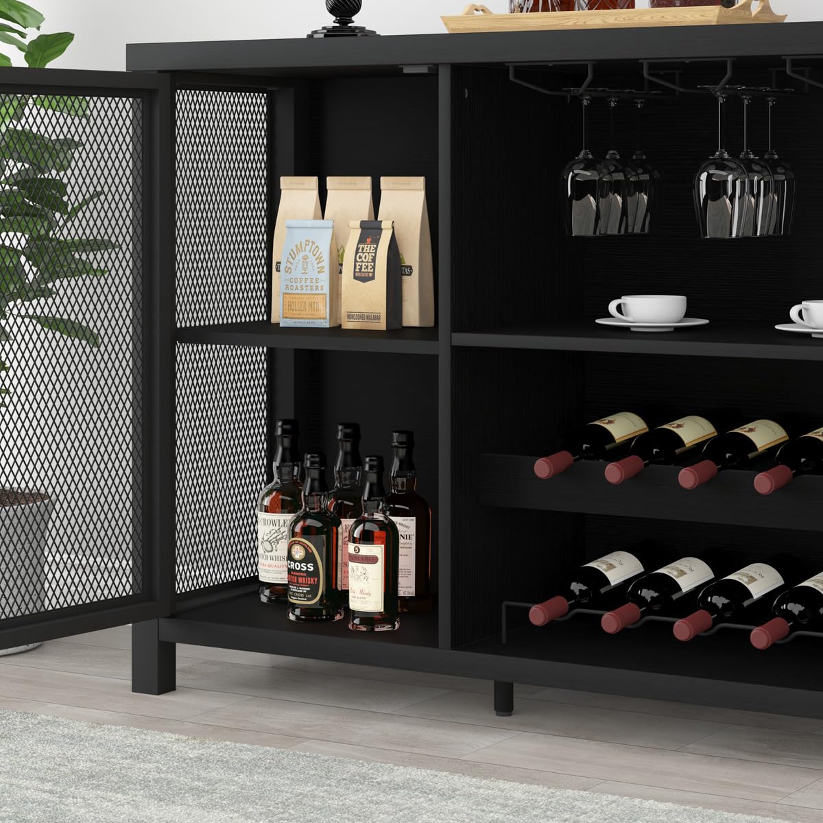 Black Oak Wine Bar Cabinet with Storage - 55 Inch Farmhouse Kitchen Buffet Cabinet for Liquor & Coffee Display | Industrial Style Home Bar for Dining Room & Living Room | Perfect for Entertaining Guests & Organizing Beverages