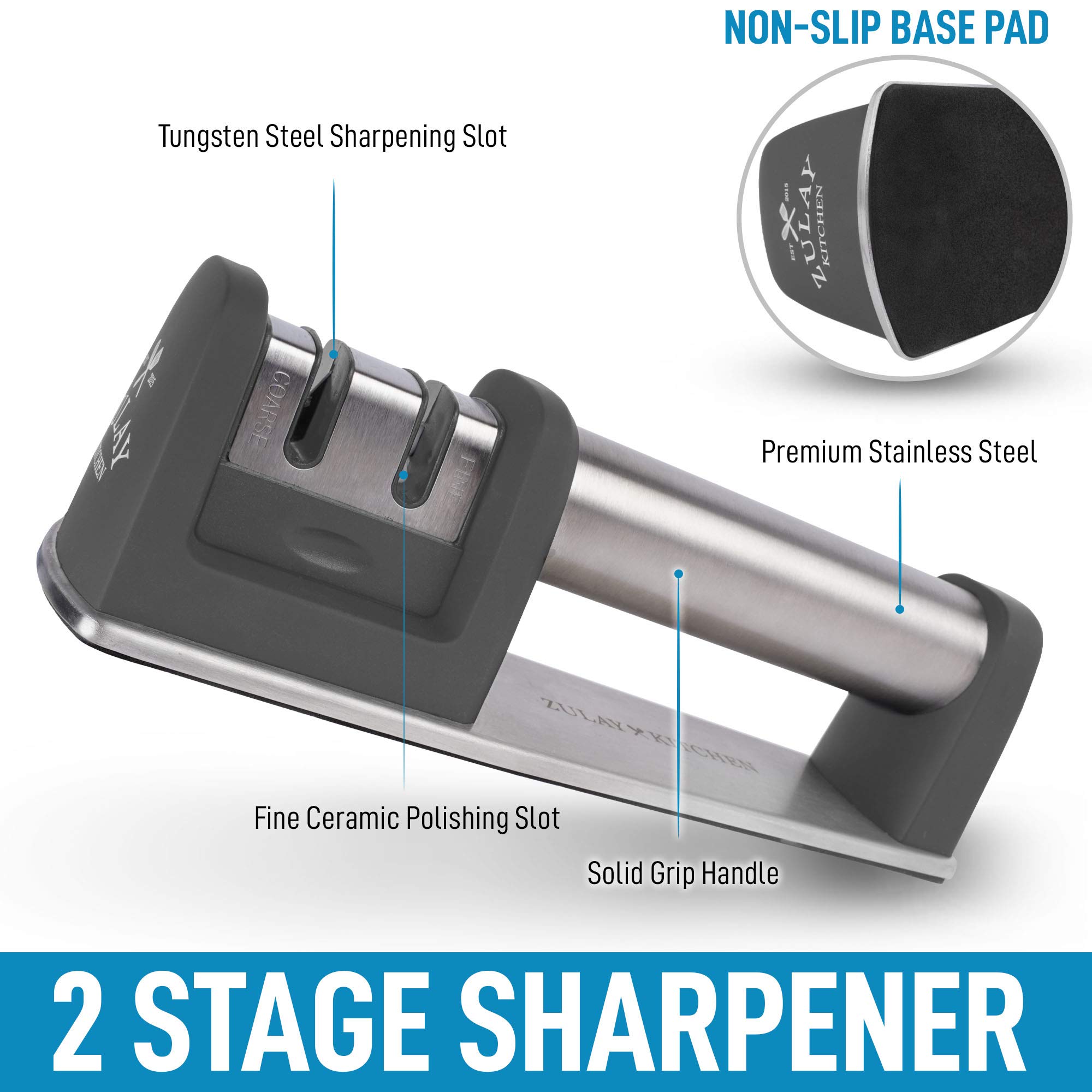 Premium Knife Sharpener for Straight & Serrated Knives - Stainless Steel, Ceramic & Tungsten Manual Sharpener - Ideal for Chef, Paring & Pocket Knives - Perfect for Kitchen, Camping & Outdoor Use - Gray