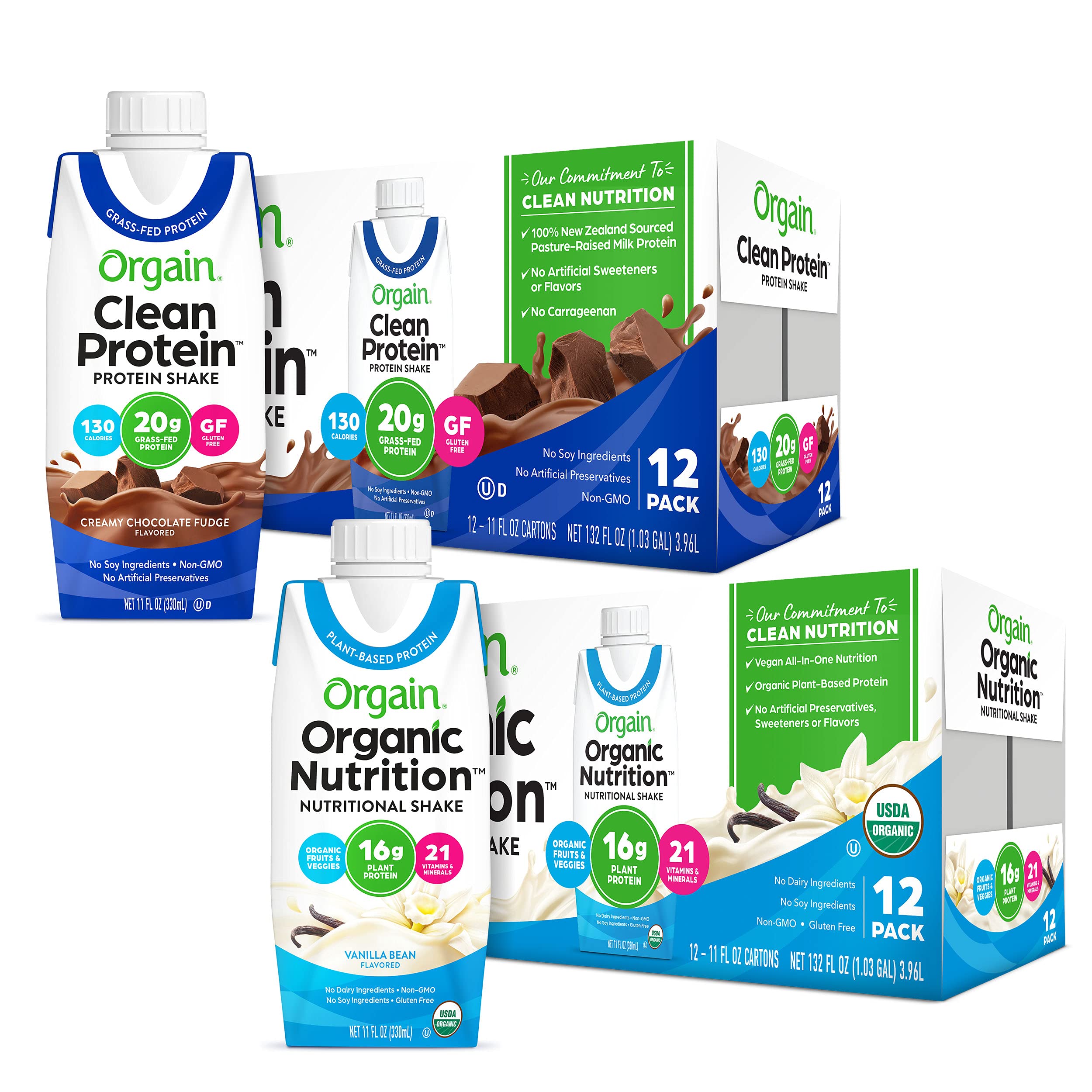 Orgain Organic Protein Shakes & Clean Protein Shakes Bundle - 24 Pack | Plant-Based Vegan Protein Powder Drink for Weight Loss & Muscle Recovery | Perfect for Post-Workout, Breakfast & On-the-Go Nutrition