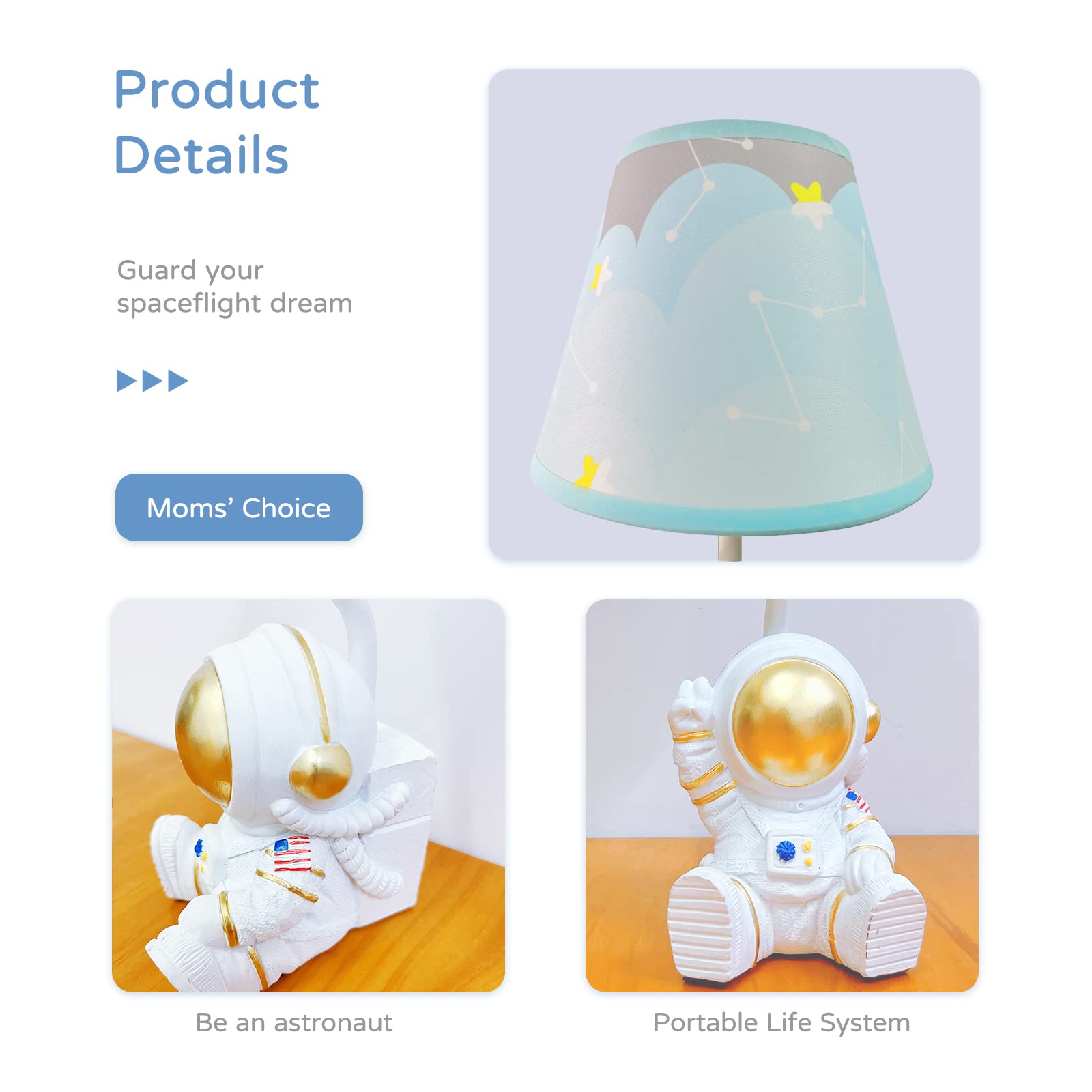 Golden Astronaut Table Lamp for Kids - 13 Inch LED Bedside Lamp with Barrel Shade, Space-Themed Night Light for Children's Bedroom Decor | Perfect for Reading, Study, and Nursery Room Ambiance
