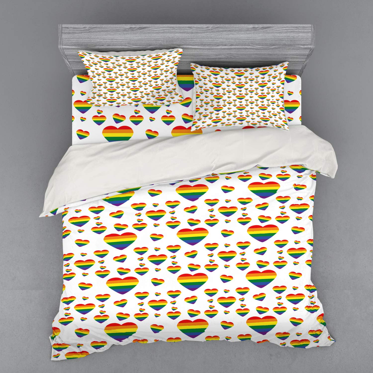 Ambesonne Rainbow Bedding Set - 4 Piece Duvet Cover Set with Pillow Shams & Fitted Sheet, LGBT Pride Multicolor Hearts Design, King Size in Yellow Blue Orange - Perfect for Pride Month Decor, Guest Room Makeover & Vibrant Bedroom Styling