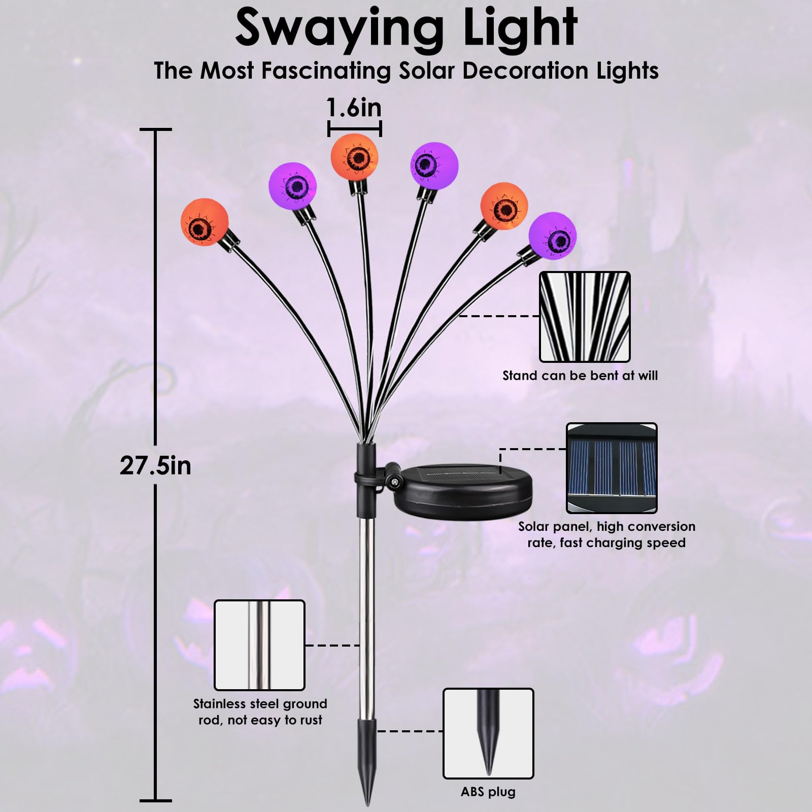 6-Pack Solar Halloween Eyeball Lights Outdoor - Purple & Orange Waterproof Garden Lights, Wind-Swaying Firefly Fairy Lights for Pathway, Yard, Garden - Perfect for Halloween, Christmas, and Party Decorations