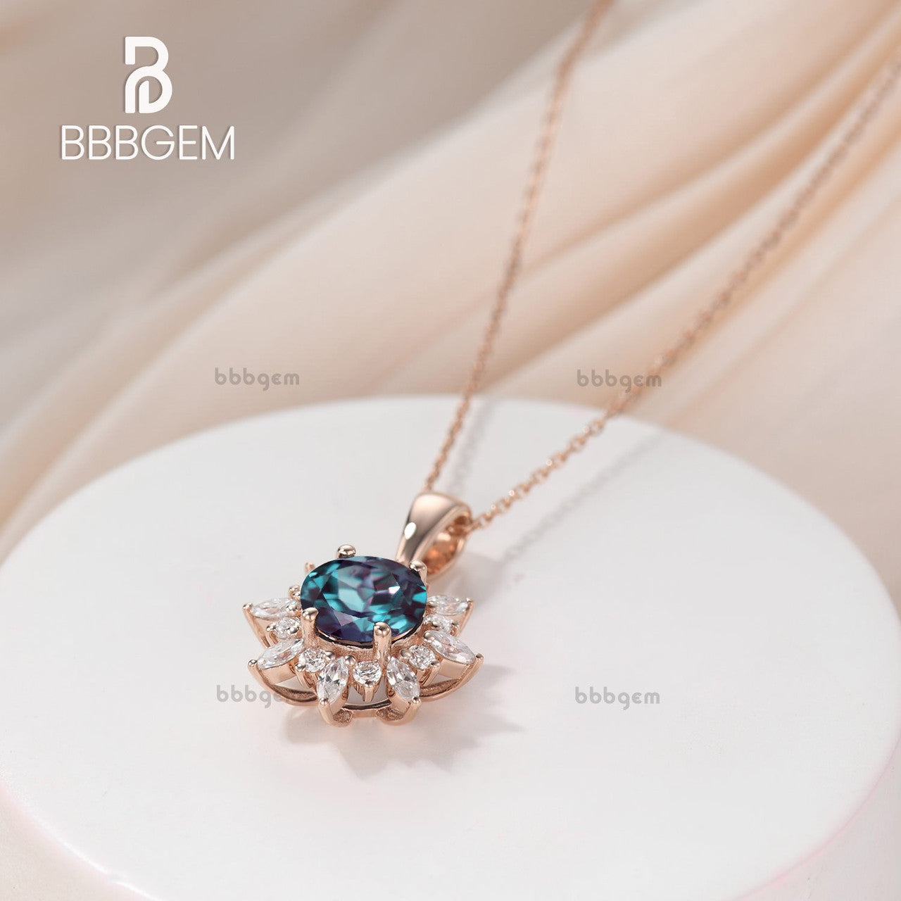 14K Rose Gold Round Alexandrite & Moissanite Flower Pendant Necklace - June Birthstone Jewelry for Women, Elegant Gift for Anniversary, Birthday & Special Occasions