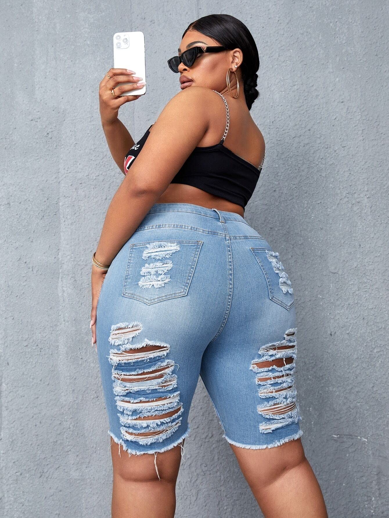 Women's Ripped Slant Pocket Denim Shorts - Distressed Roll Hem Jean Shorts (Light Wash, Size 2XL) | Casual Summer Outfit, Beach Wear & Street Style Fashion