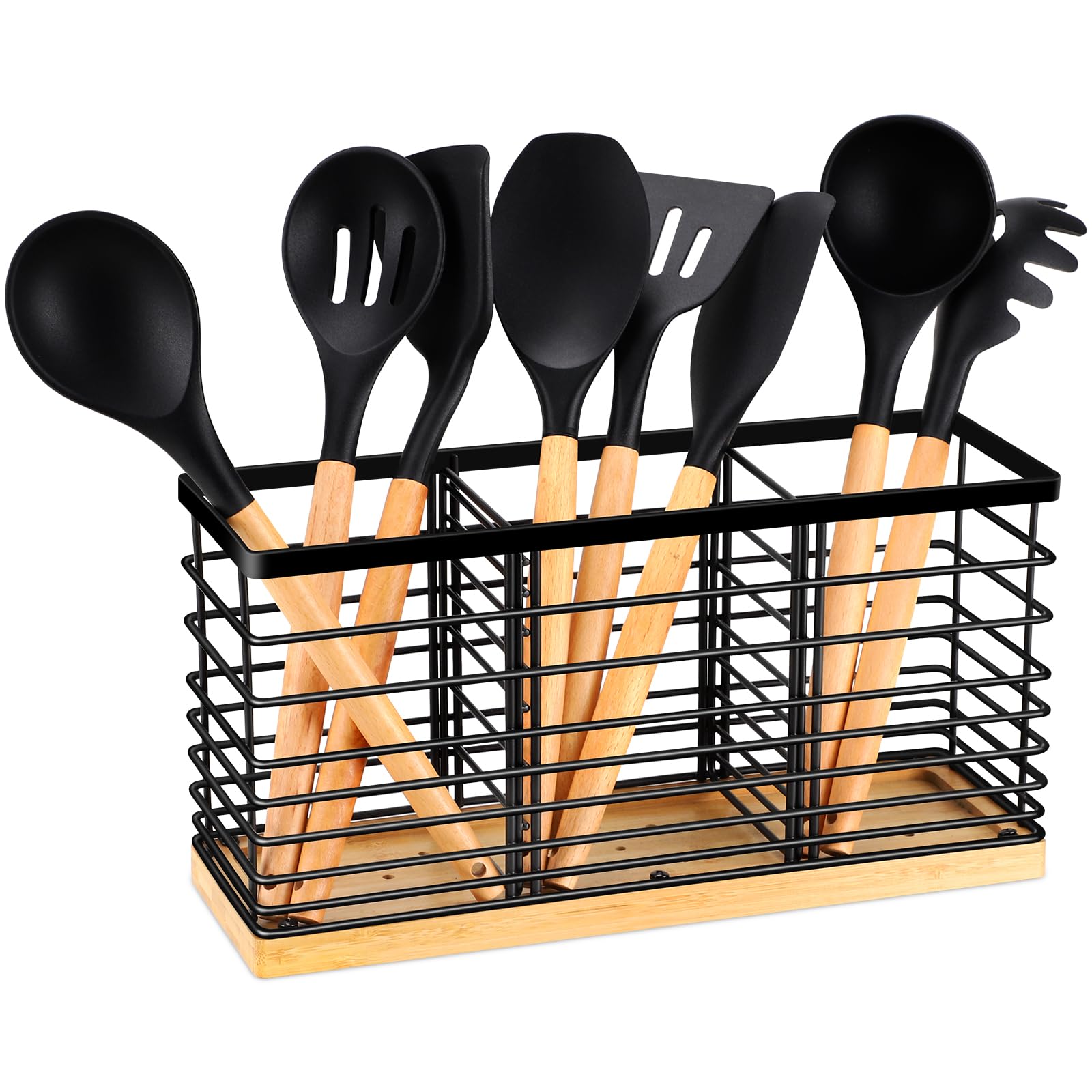 TACGEA Kitchen Utensil Holder Organizer with Wooden Base - Matte Black Countertop Storage with 3 Compartments - Perfect for Spoons, Spatulas & Cooking Tools - Ideal for Kitchen Counter Organization & Easy Access While Cooking