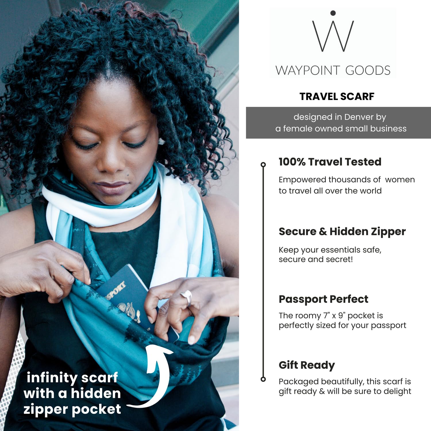 WAYPOINT GOODS Infinity Travel Scarf with Hidden Zipper Pocket for Women - Lightweight Cotton Bamboo Blend - Perfect for Airplane Travel, Commuting & Outdoor Adventures