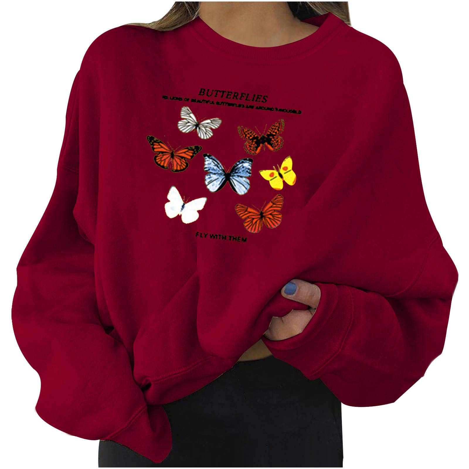 Women's Casual Long Sleeve Butterfly Print Blouse - Loose Fit Crewneck Pullover Top for Everyday Wear | Perfect for Work, Weekend Outfits & Layering
