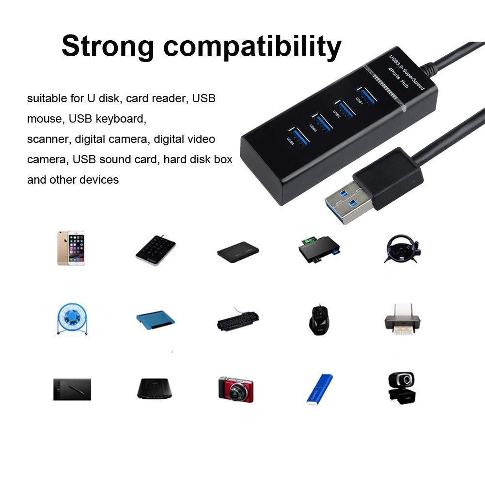 4-Port USB 3.0 Hub with 5Gbps High-Speed Data Transfer - Compact USB Splitter for Laptop, PC, MacBook, Gaming & Office Accessories