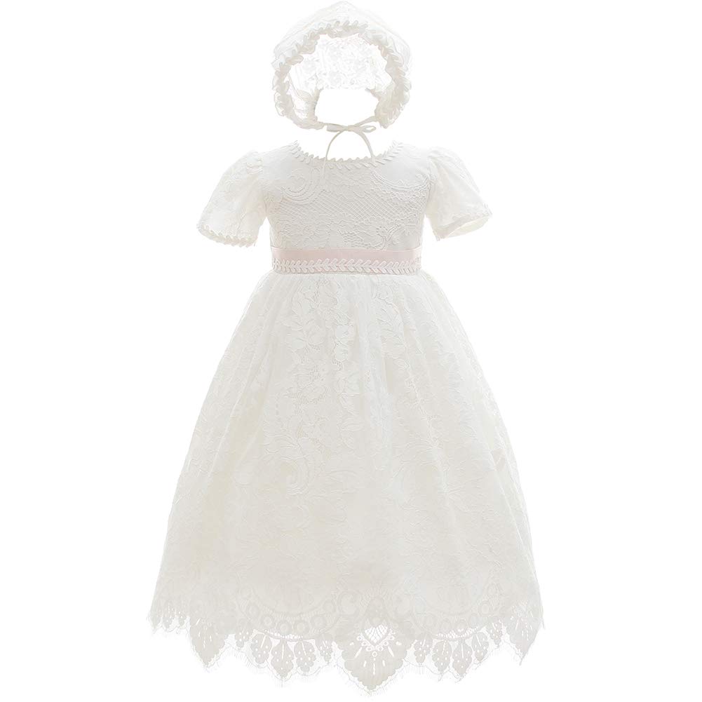 Baby Girls Baptism Christening Dress - Elegant Lace Short Sleeve Gown with Bonnet Set for Christening, Wedding & Special Occasions