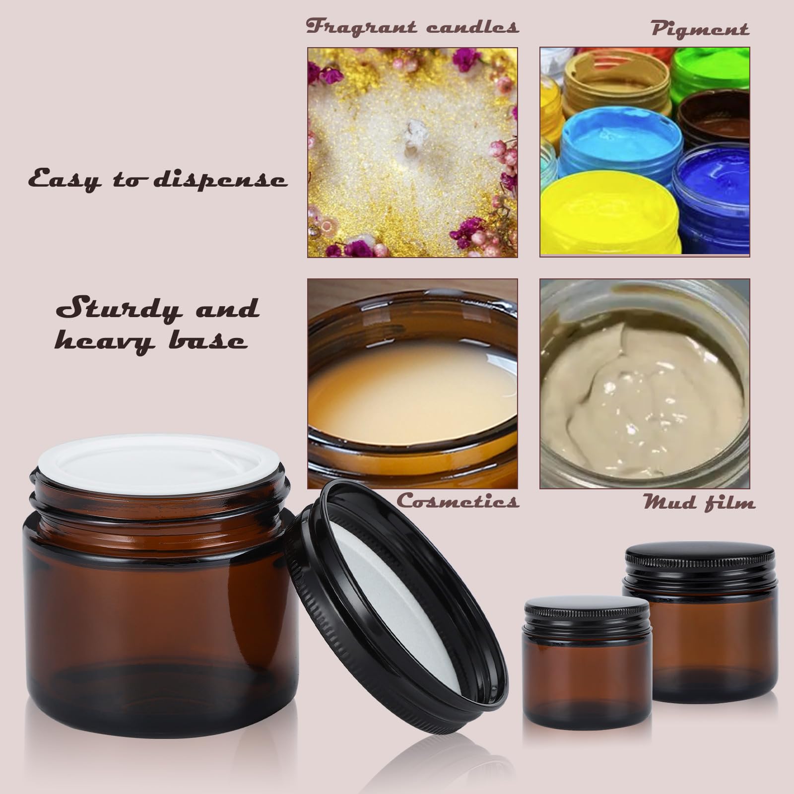 12 Pack 2oz Amber Glass Jars with Airtight Lids - Small Cosmetic Containers for Lotion, Cream, Salve & DIY Skincare - Travel-Friendly Empty Jars for Candle Making, Essential Oils & Beauty Products