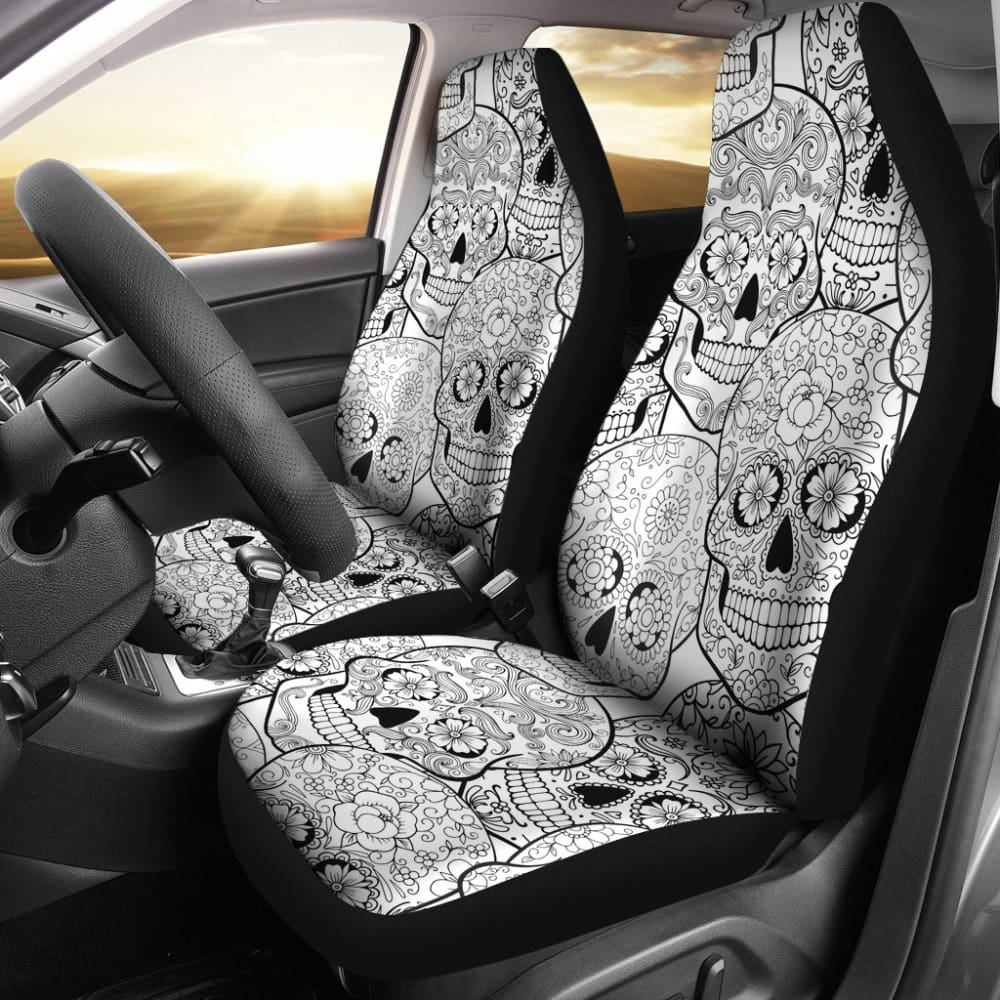 Black & White Sugar Skull Car Seat Covers - Unique Dia de Los Muertos Design - Waterproof & Universal Fit for Cars, Trucks, SUVs - Perfect for Halloween, Day of the Dead Decorations & Mexican Culture Enthusiasts