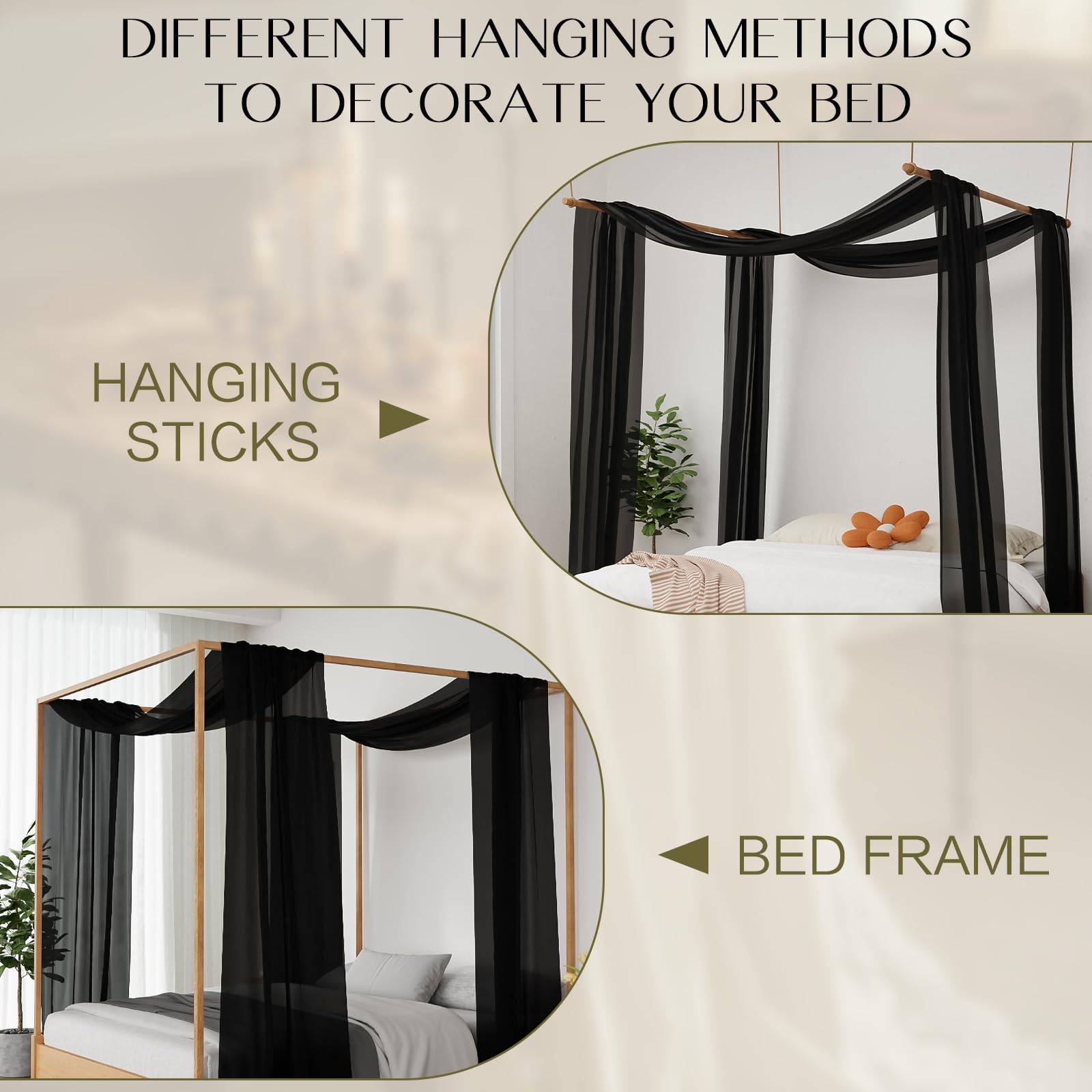 Luxury Black Sheer Canopy Bed Curtains - 52 x 256 Inches 2-Panel Bed Canopy Drapes for King Size Beds, Elegant Scarf Style Bedroom Decor for Adults & Girls - Perfect for Romantic Bedrooms, Boho Chic Spaces & Princess-Themed Rooms