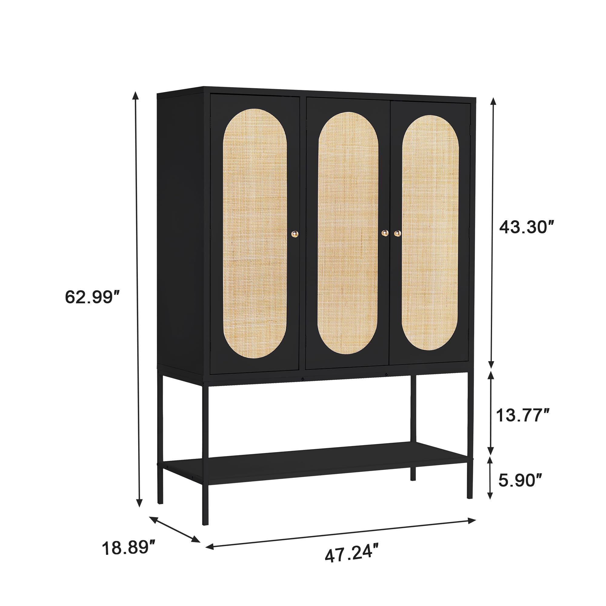 LEVNARY 3-Door Large Armoire Wardrobe Closet - Freestanding Rattan Cabinet with Hanging Rail for Clothes Storage, Wooden Closet Organizer for Bedroom, Black (47.24