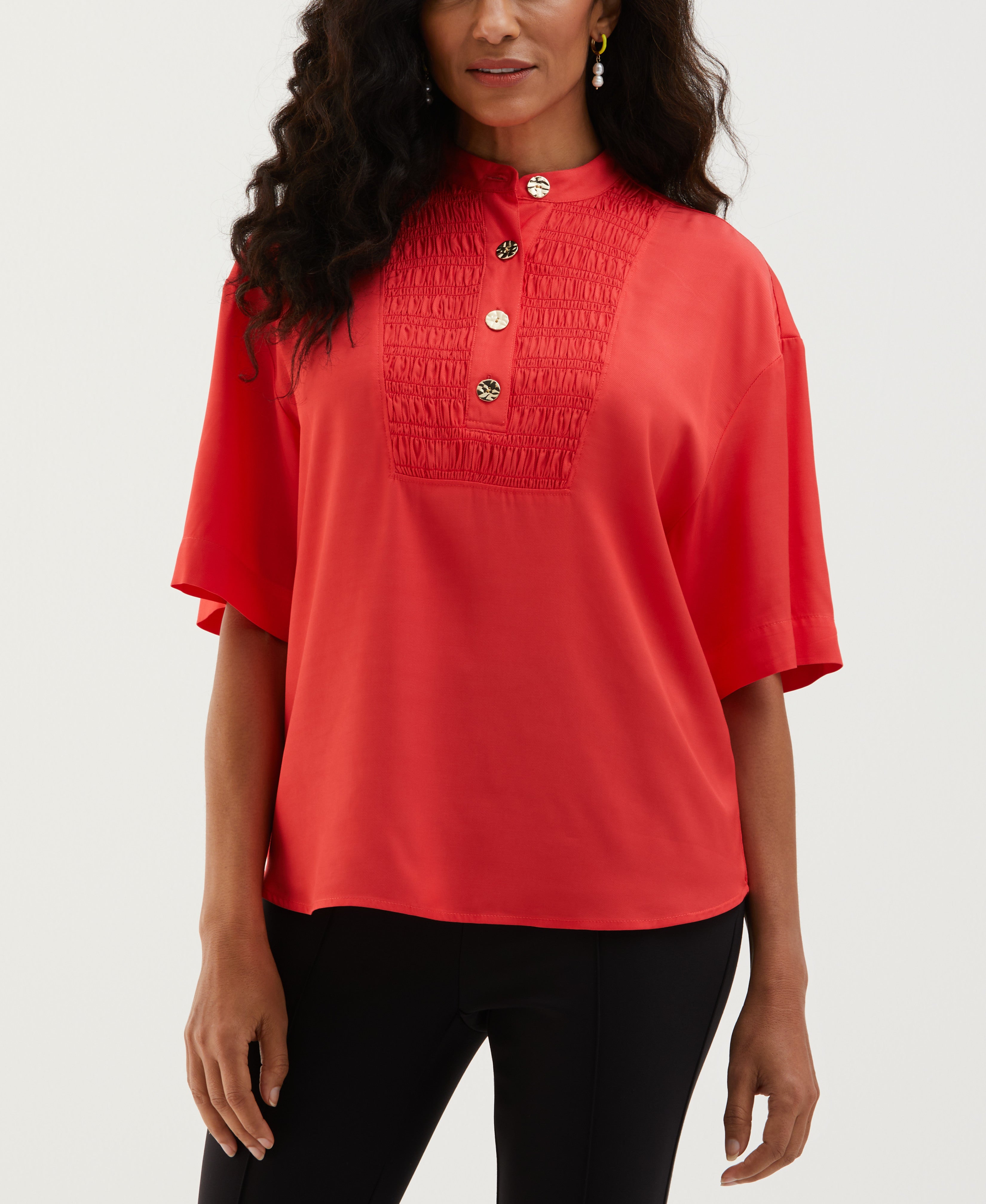 Stylish Smocked Banded Collar Top for Women | Flattering Blouse with Elastic Neckline | Perfect for Casual Outings, Date Nights & Office Wear