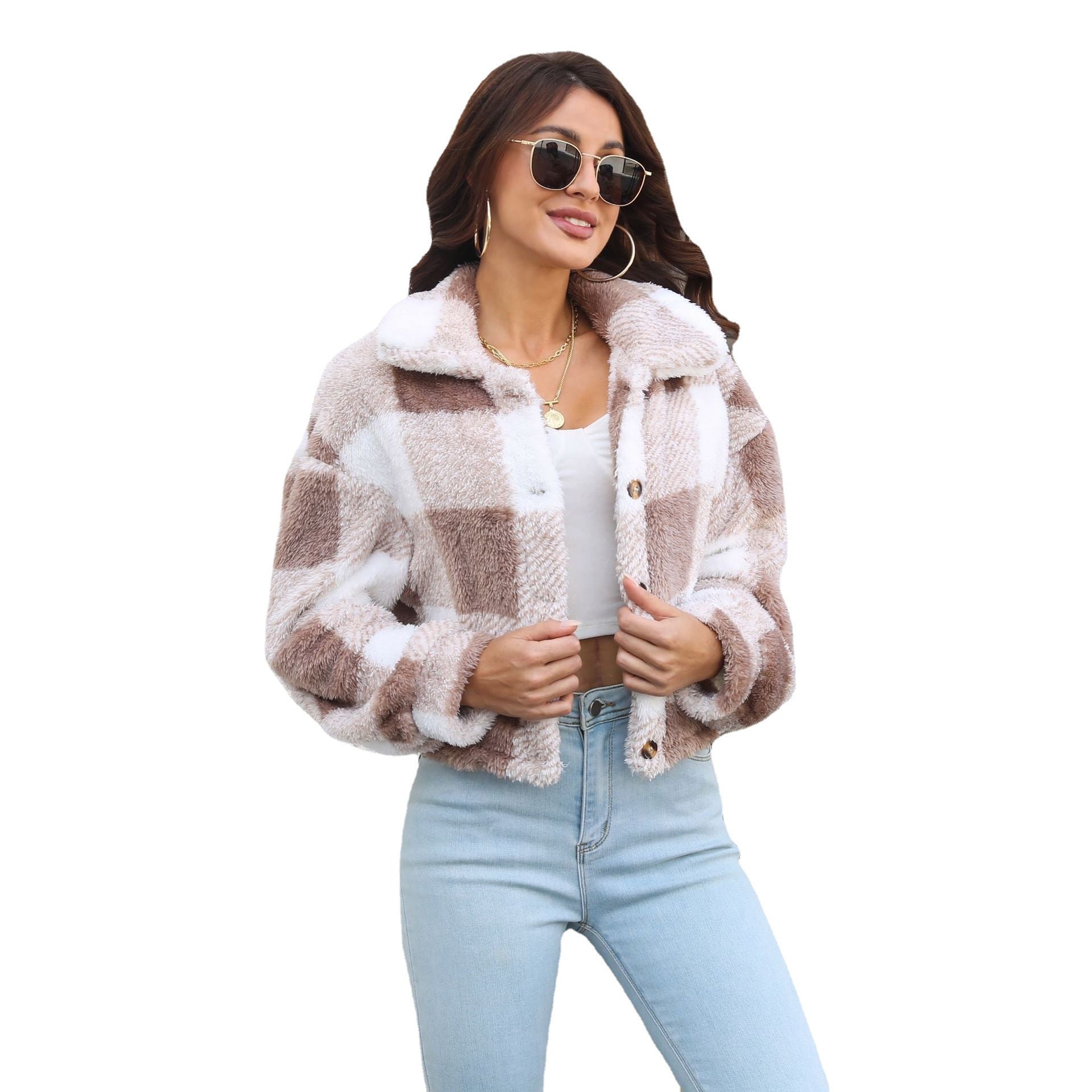 Women's Plaid Double-Sided Velvet Jacket with Lantern Sleeves - Soft Loose Short Coat for Autumn & Winter - Cozy Plush Outerwear for Casual Wear, Office & Date Nights