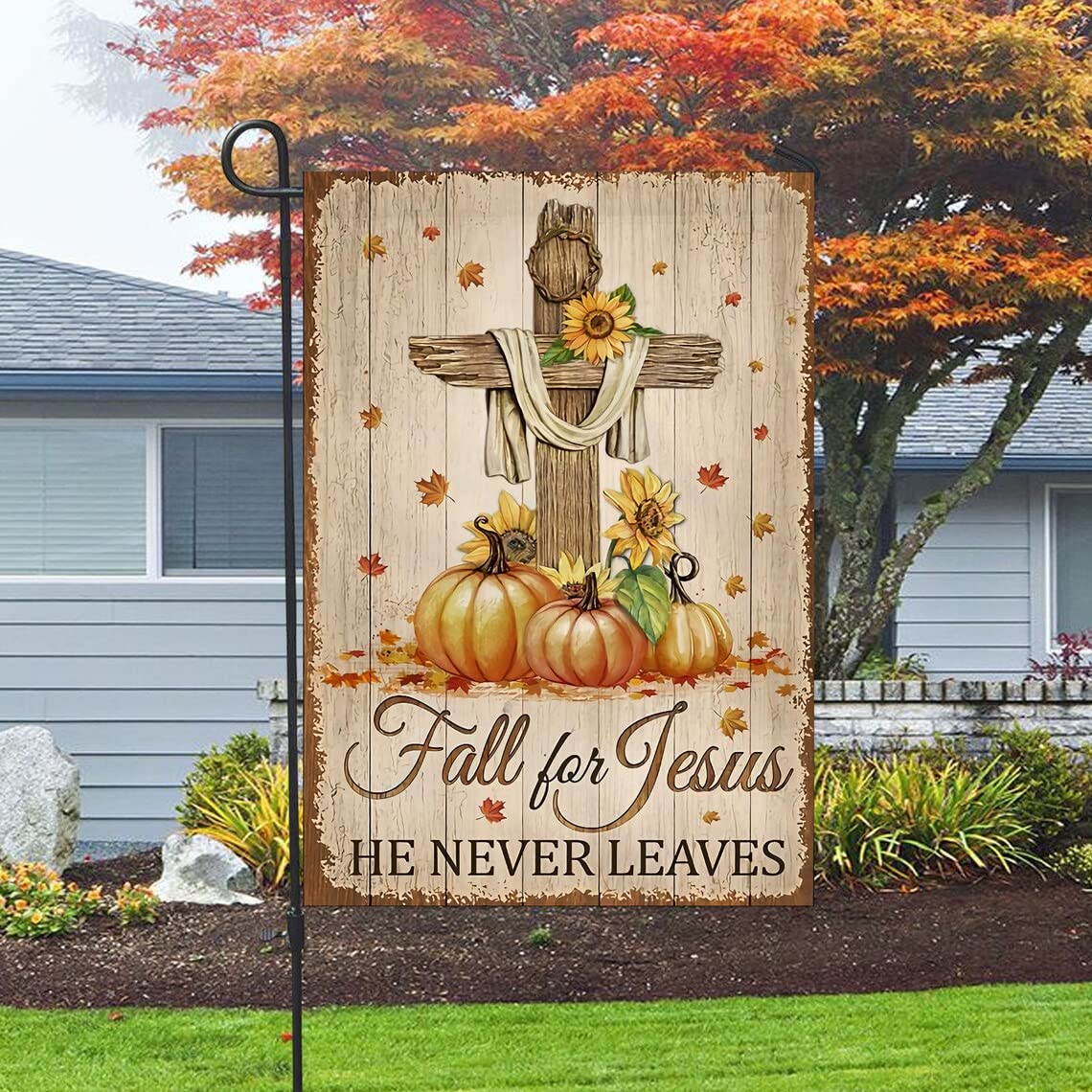 Double Sided Fall Garden Flag - Autumn God Never Leaves Thanksgiving Christian Outdoor Decor | Perfect for Seasonal Yard, Porch, and Home Decoration