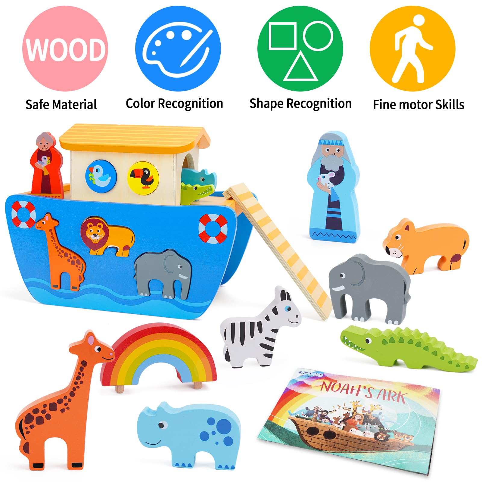 Noah's Ark Wooden Toy Set for Toddlers - Animal Shape Sorter Montessori Learning Toy with Bible Story Book - Perfect Baptism Gift for 1 2 3 Year Old Boys & Girls (12-24 Months) - Great for Early Education, Playtime & Sunday School Activities