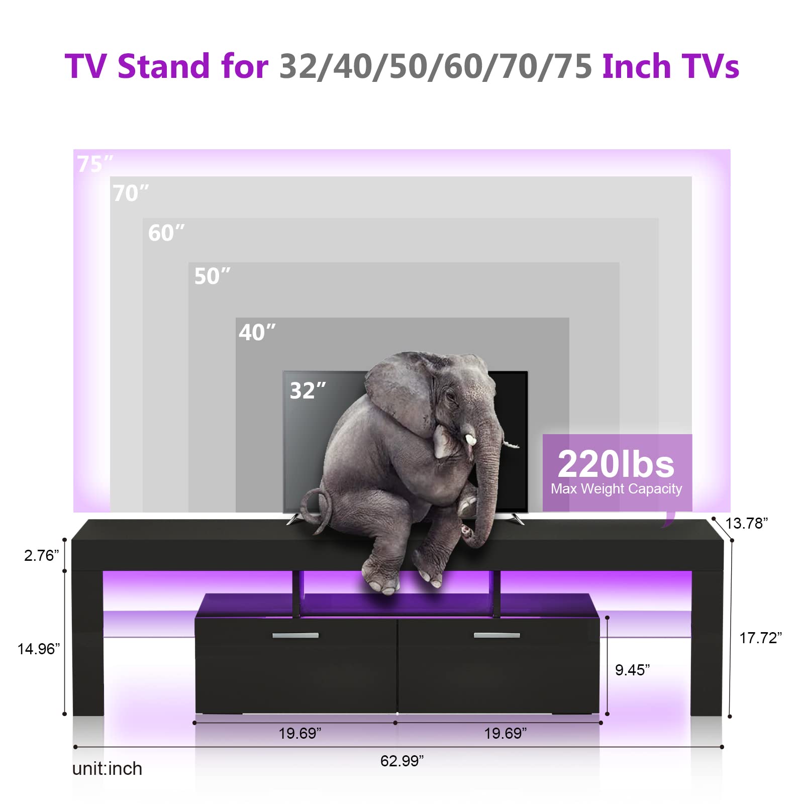 55/65/70/75 Inch Black LED TV Stand with Large Storage - Modern TV Media & Entertainment Center for Living Room, Bedroom, Gaming - Perfect for Movie Nights & Home Theater Setup (63