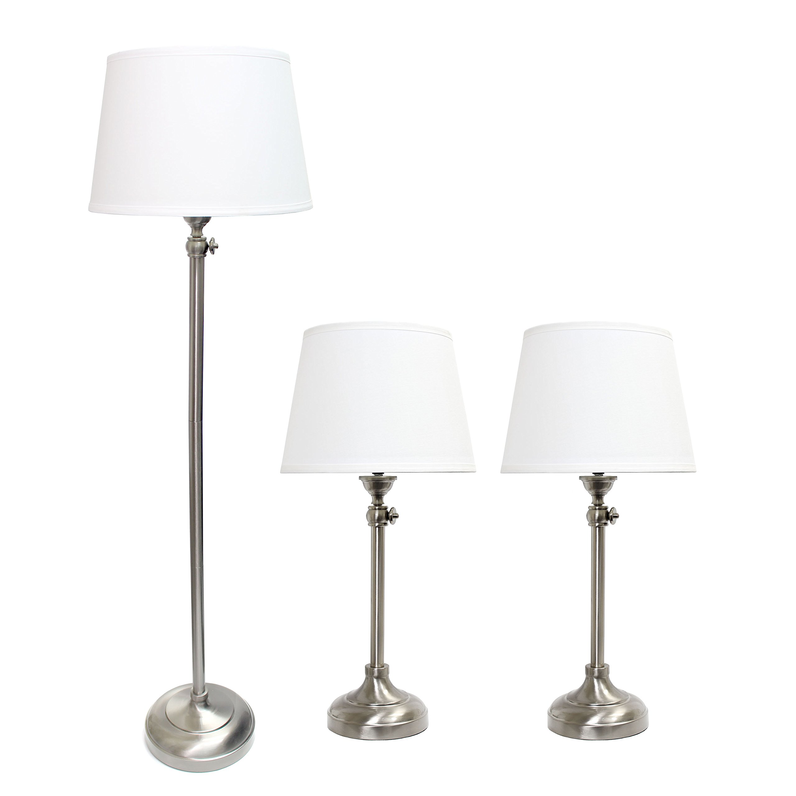 Elegant Designs LC1017-BSN Brushed Nickel Adjustable 3-Piece Lamp Set with White Fabric Shades - 1 Floor Lamp & 2 Table Lamps for Living Room, Bedroom, or Office Lighting Decor
