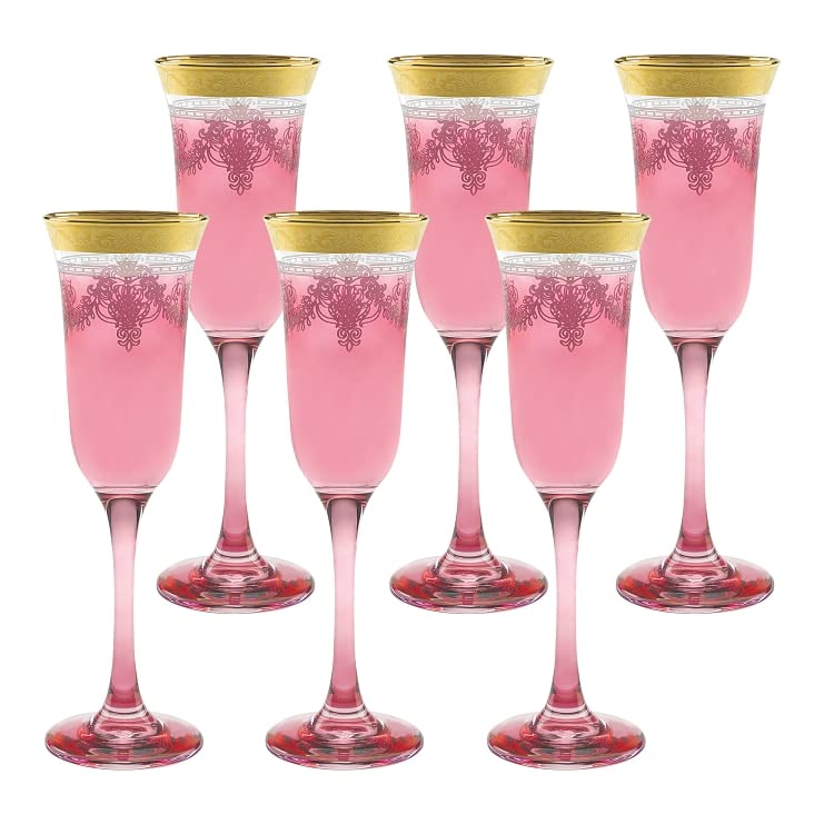 Elegant Modern Glass Drinkware Set - 9 oz Red Flutes with Gold Band (Set of 6) for Parties, Weddings, and Special Events - Perfect for Champagne, Cocktails, and Celebrations