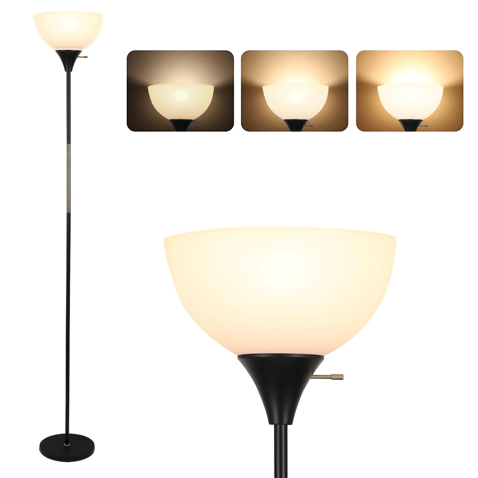 Modern Industrial LED Floor Lamp - Dimmable Standing Light with 3 Brightness Levels & Rotary Switch, Adjustable Shade for Living Room, Bedroom, Office & Dining Room - Black (Perfect for Reading, Working & Ambient Lighting)