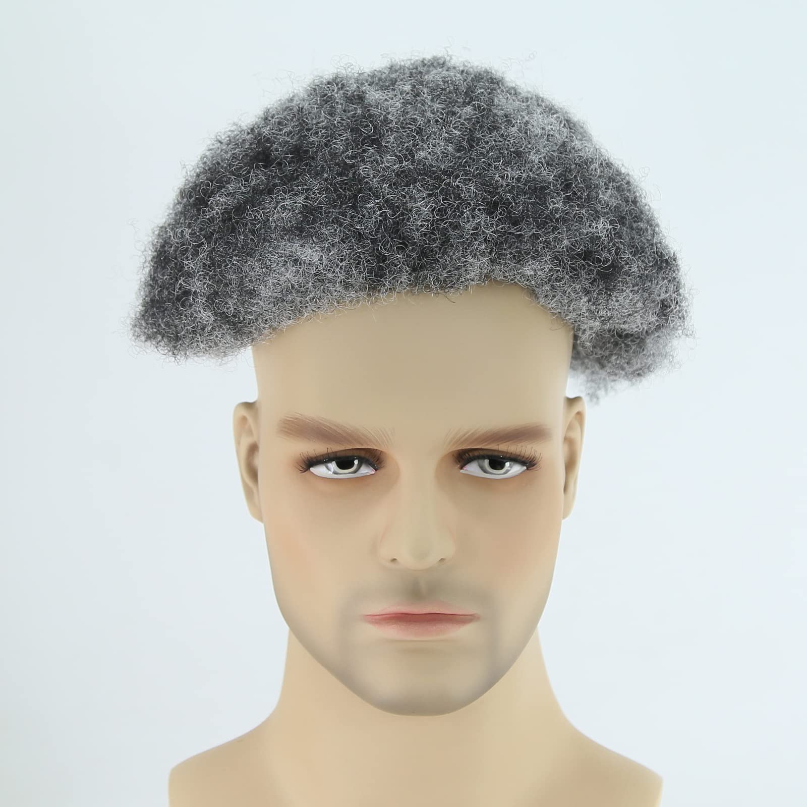 Men's Afro Toupee Wig 1B Mix 50% Grey - Human Hair Short Curly Afro Hairpiece with Mono & PU Base (8x10 Inch) - Perfect for Black Men's Hair Systems, Daily Wear & Special Occasions