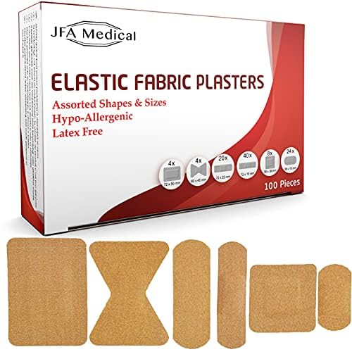 JFA Fabric Assorted Plasters (6 Sizes) - 100 Count Pack | Waterproof Bandages for First Aid, Wound Care & Everyday Cuts