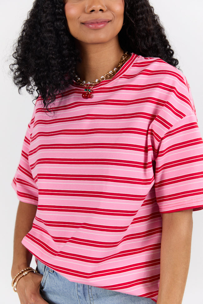 Stylish Pink and Red Oversized Striped T-Shirt for Women - Trendy Striped Tee - Perfect for Casual Outfits and Layering