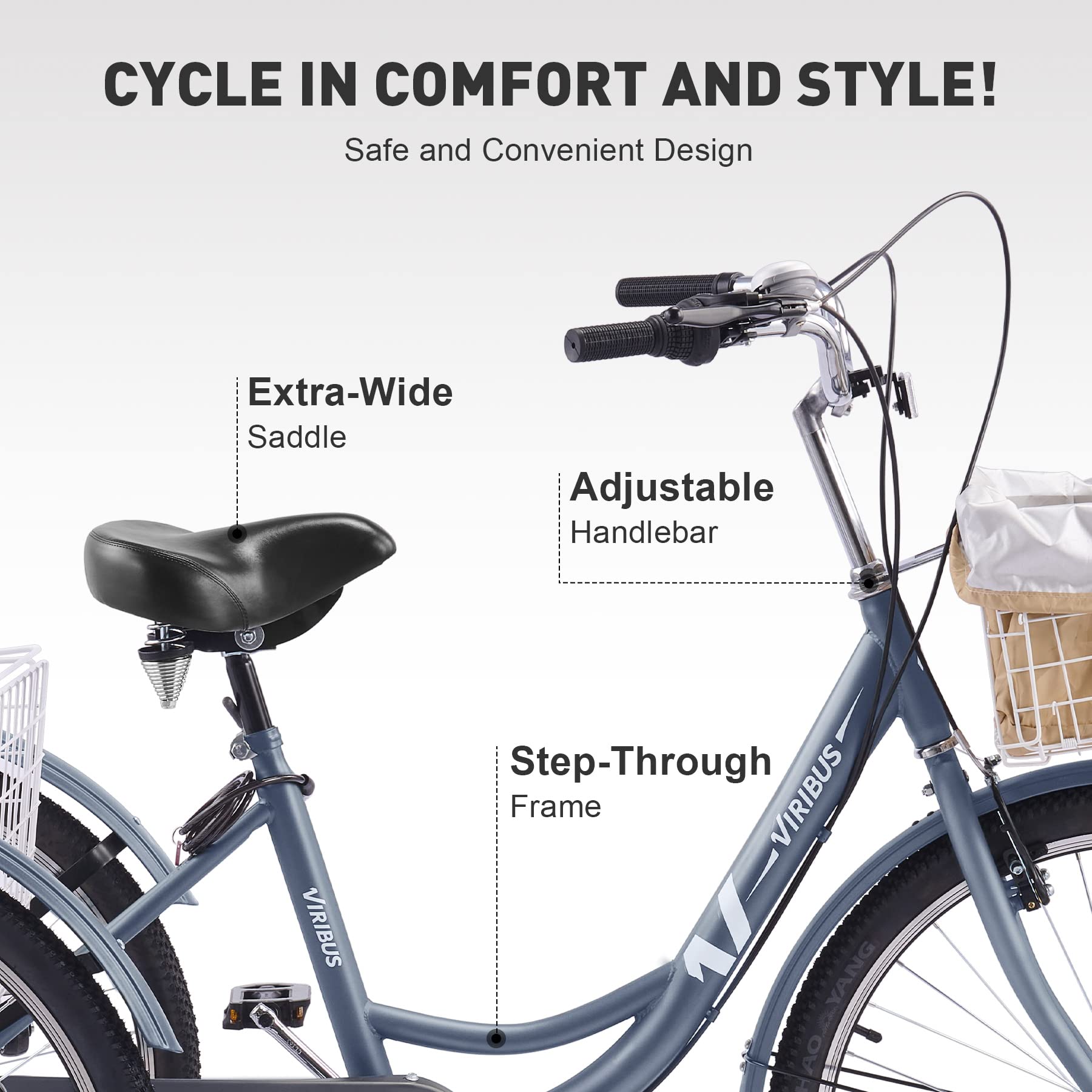 Viribus 24-26 Inch 7-Speed Adult Tricycle for Women & Men - Heavy Duty 400 lb Capacity 3-Wheel Bike with Front & Rear Baskets - Perfect for Commuting, Grocery Shopping & Senior Recreation