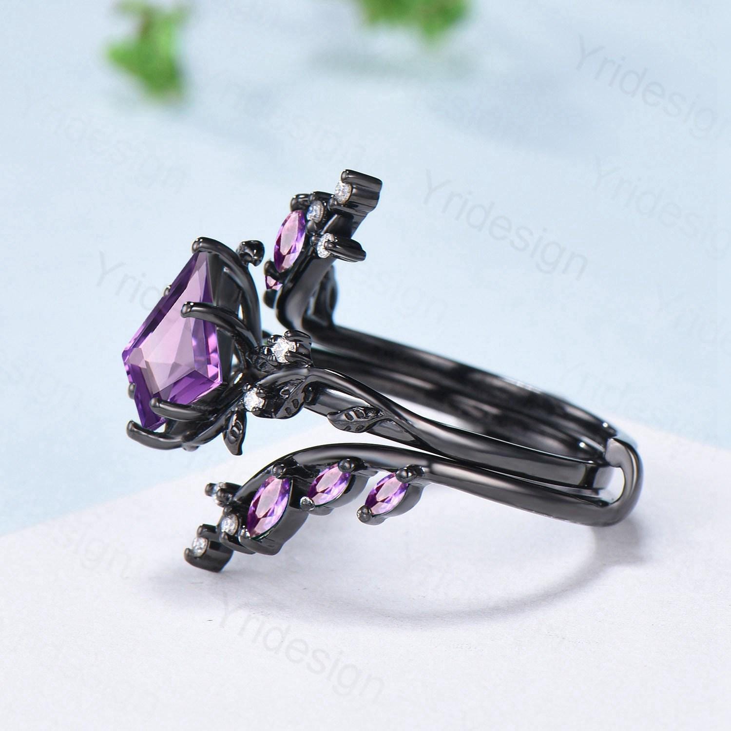 Nature Inspired Black Gold Amethyst Engagement Ring Set - Unique Marquise Cut Purple Gemstone with Leaf Branch Design for Bridal Wedding Jewelry | Perfect for Proposals, Anniversaries & Special Occasions