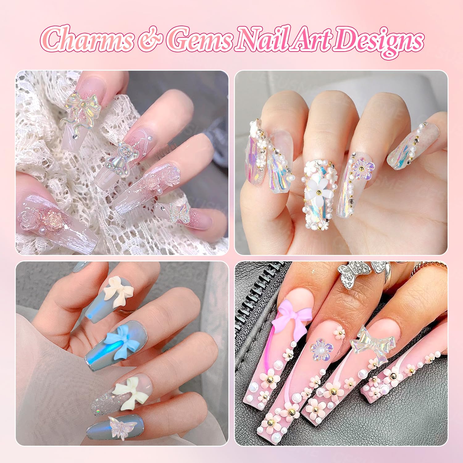 3D Color Flowers Nail Bows Charms - 3 Boxes White Rose Flower & Polar Butterfly Bowknt Bear Nail Art Charms for DIY Nail Art, Manicure, Acrylic Nails, Gel Polish, and Wedding Bridal Nail Jewelry Supplies