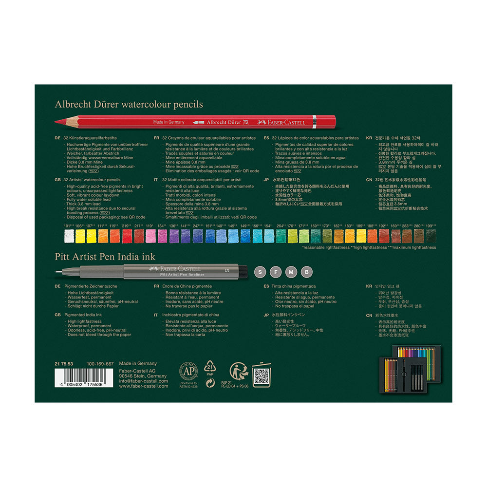 Faber-Castell Albrecht Dürer Watercolor Pencils & Pitt Artist Pens Gift Set - 46 Piece Art Supplies for Professional Drawing, Sketching & Watercolor Painting - Perfect for Artists, Students & Creative Projects
