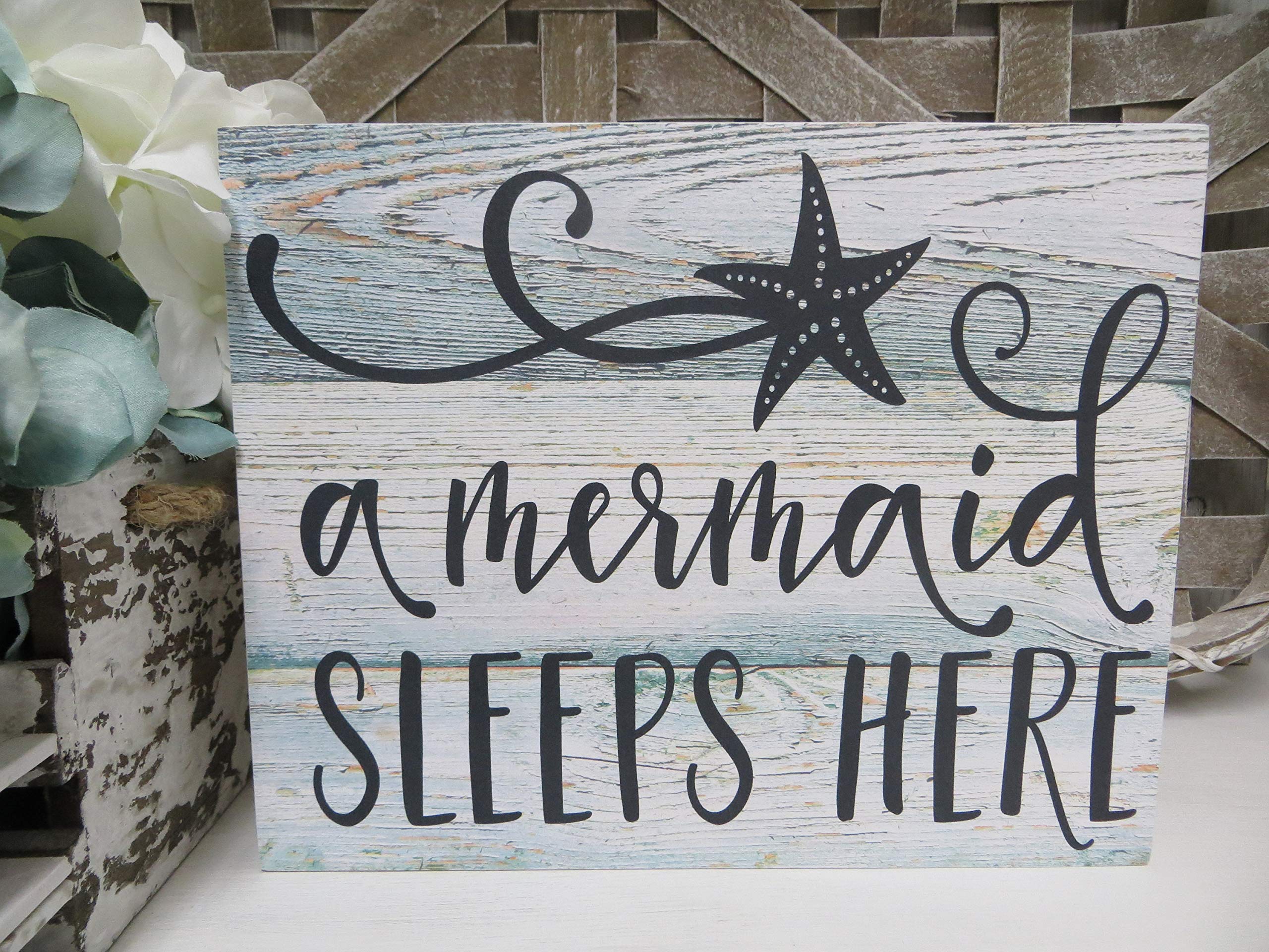 Wooden Mermaid Wall Sign - 'A Mermaid Sleeps Here' Rustic Beach Plaque for Girls Room & Nursery Decor - Vintage Coastal Home Art for Bedroom, Beach House & Mermaid Themed Spaces