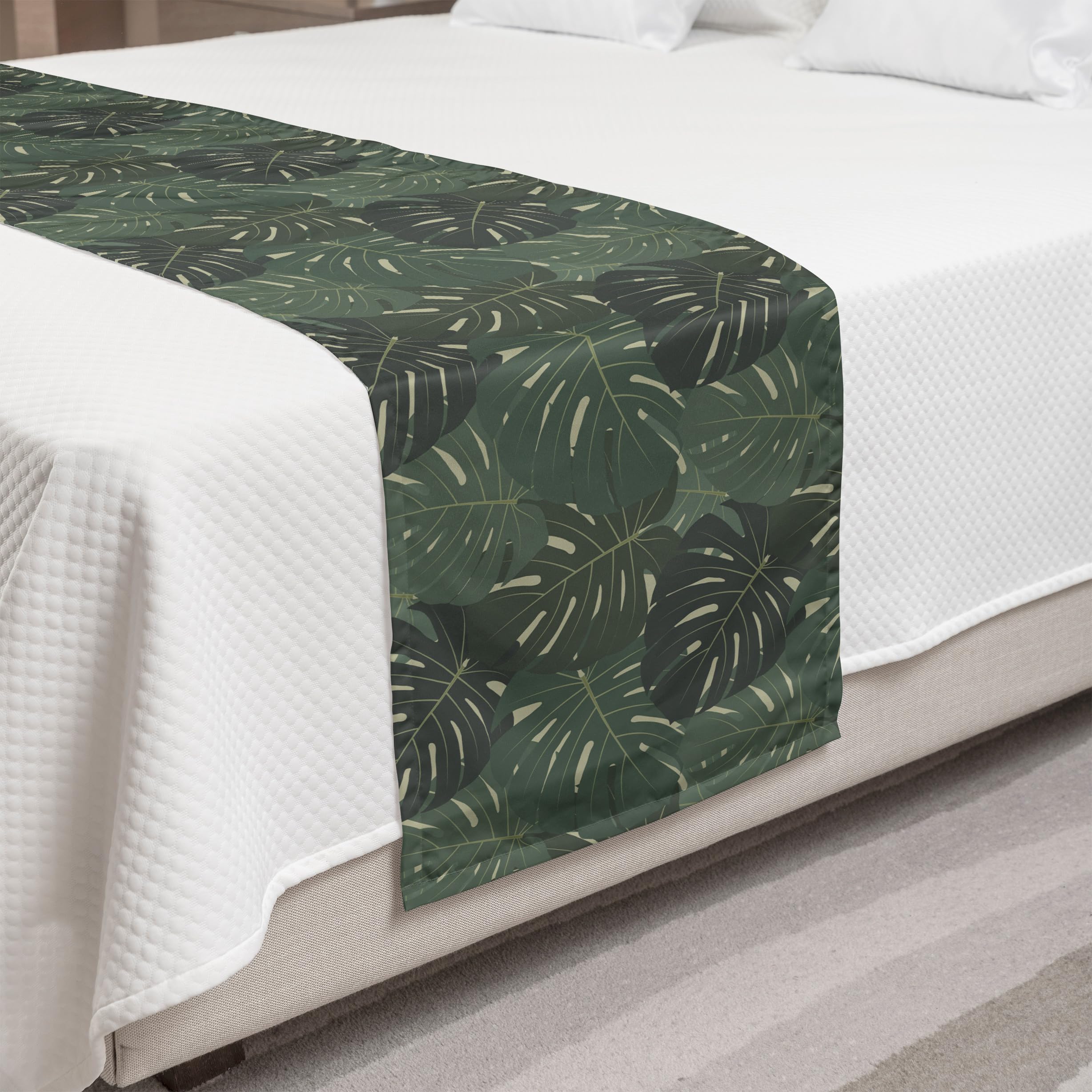Ambesonne Tropical Bed Runner - Exotic Monstera Leaves Hawaiian Plantation Design, Decorative Bed Scarf for King Size Beds - Soft Grey Green Accent for Hotels, Homes & Guestrooms | Perfect for Beach House Decor and Tropical Bedroom Themes
