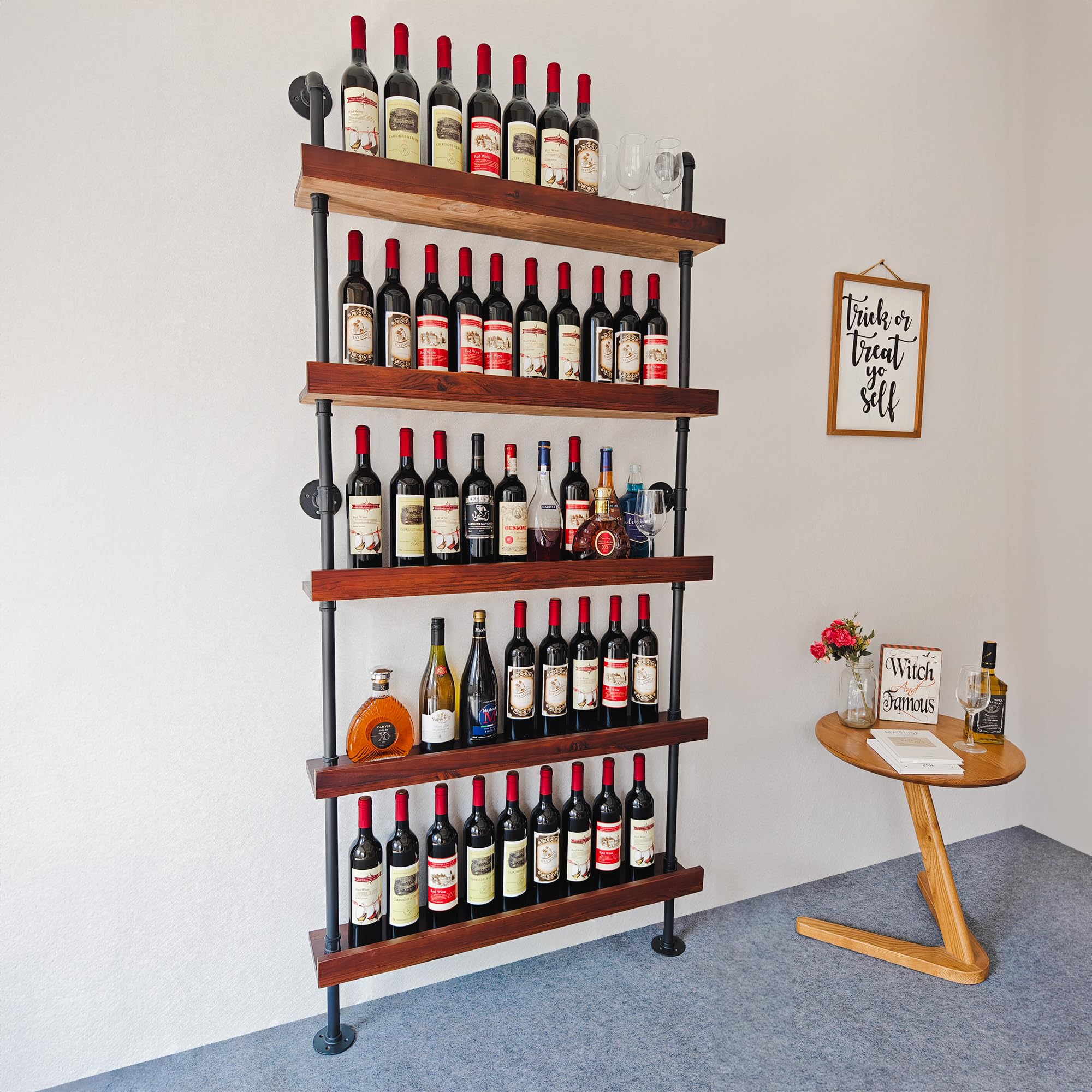 5-Tier Wall Mounted Wine Rack - Industrial Pipe Bar Shelf for Wine Bottle Storage, Rustic Brown Finish, 36.2x6.7x78.8 Inches - Perfect for Home Bar, Kitchen, Dining Room & Wine Cellar Organization