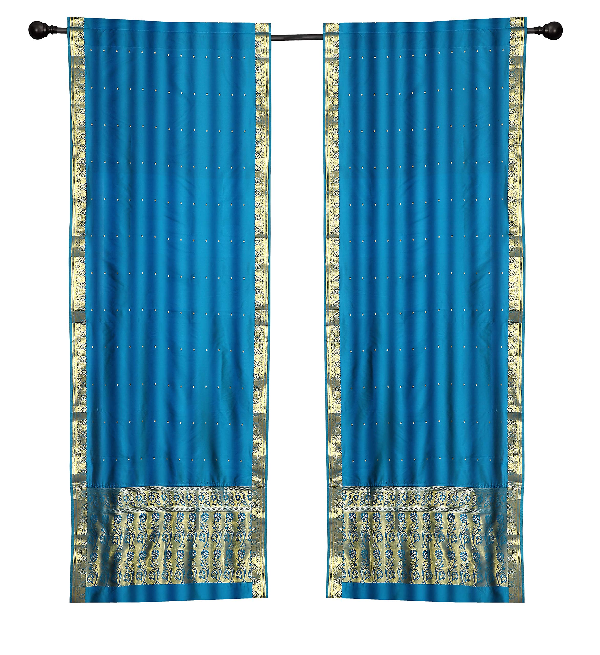 2 Boho Blue Indian Sari Rod Pocket Cafe Curtains 43W x 36L - Elegant Kitchen Drapes for Windows, Perfect for Boho Home Decor & Indian Themed Restaurants