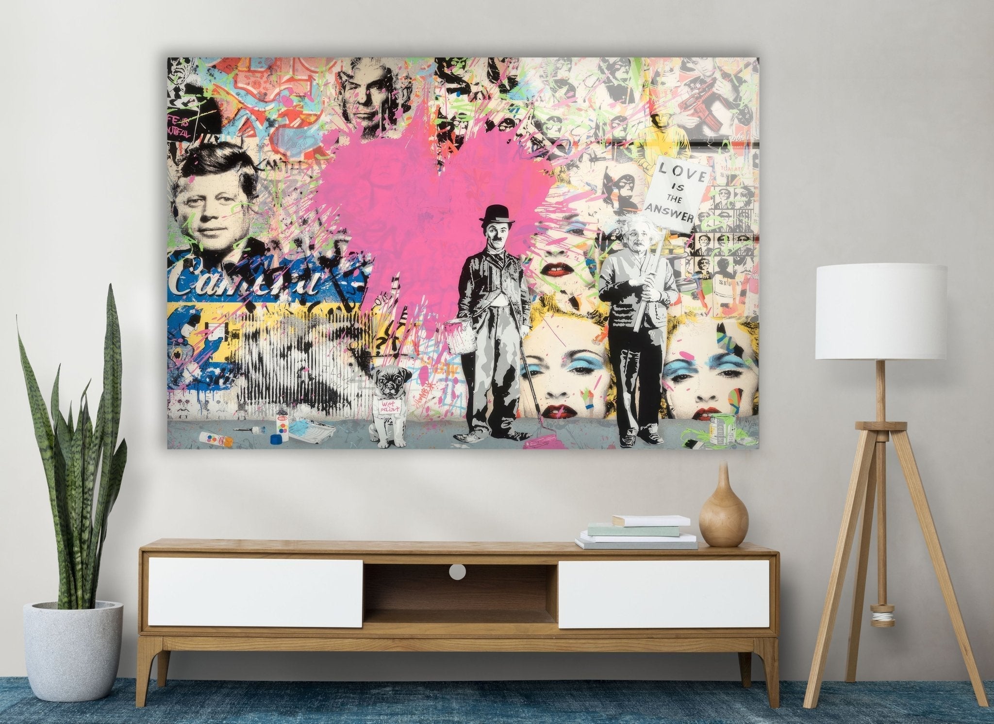 Banksy Charlie Chaplin Street Art Glass Wall Decor - Modern Urban Home & Office Artwork for Living Room, Bedroom, or Office