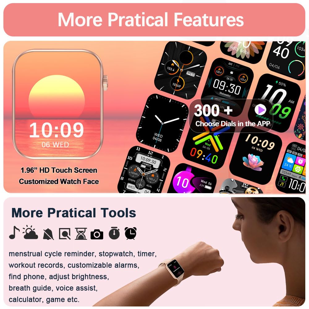 Smart Watch for Women with Call & Text Notifications, Fitness Tracker with Heart Rate & Blood Pressure Monitor - 1.96