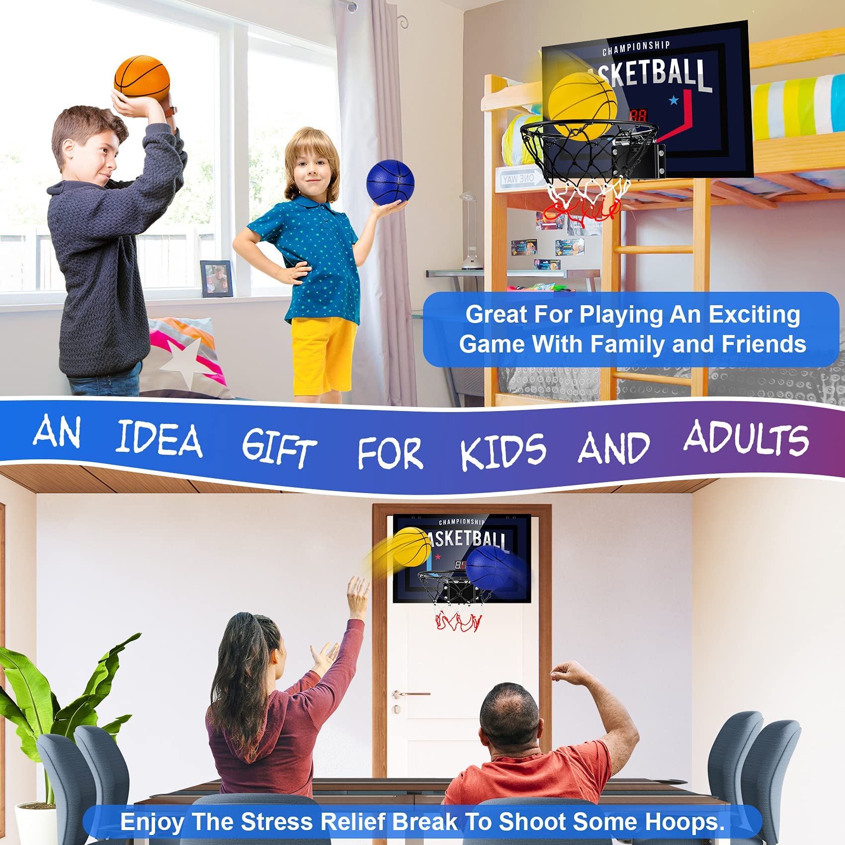 Indoor Basketball Hoop for Kids, Teens & Adults - Mini Basketball Set with Electronic Scoreboard, 3 Balls & Batteries - Perfect for Bedroom, Playroom & Office - Fun Sports Gift for Boys & Girls Ages 8-12